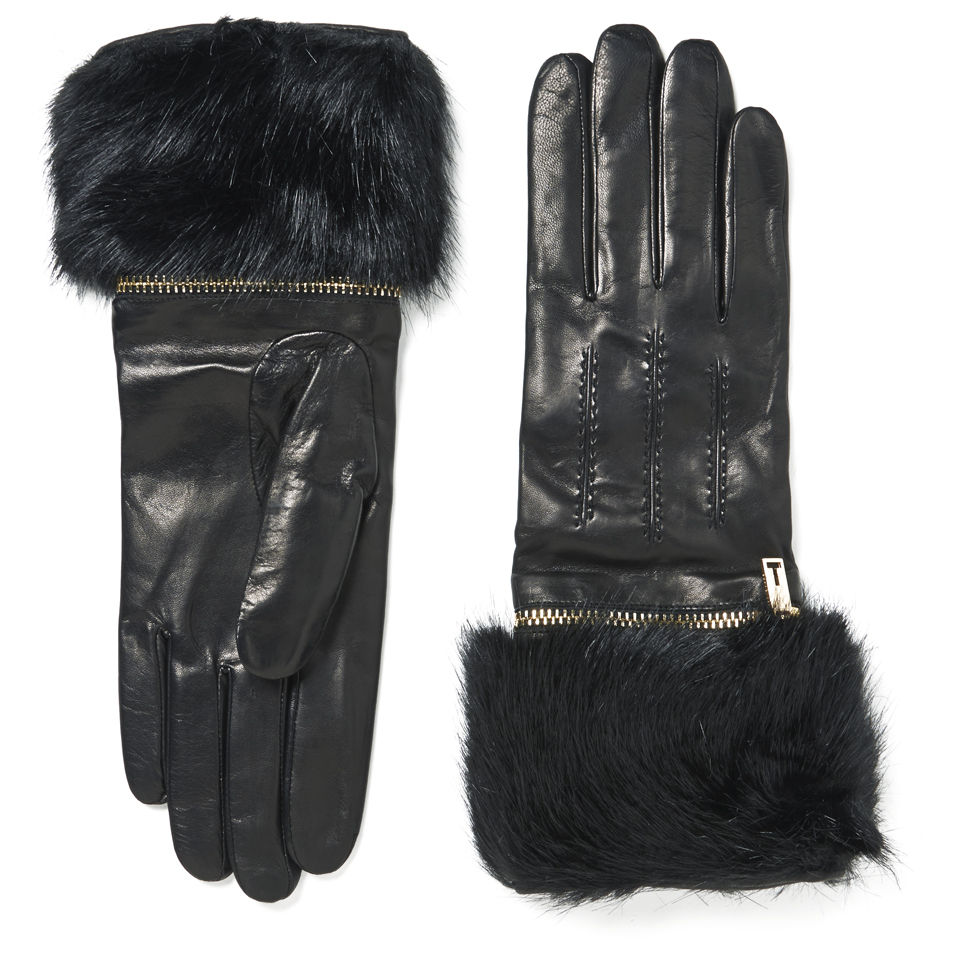Ted Baker Faux Fur Zip Detail Leather Gloves - Black