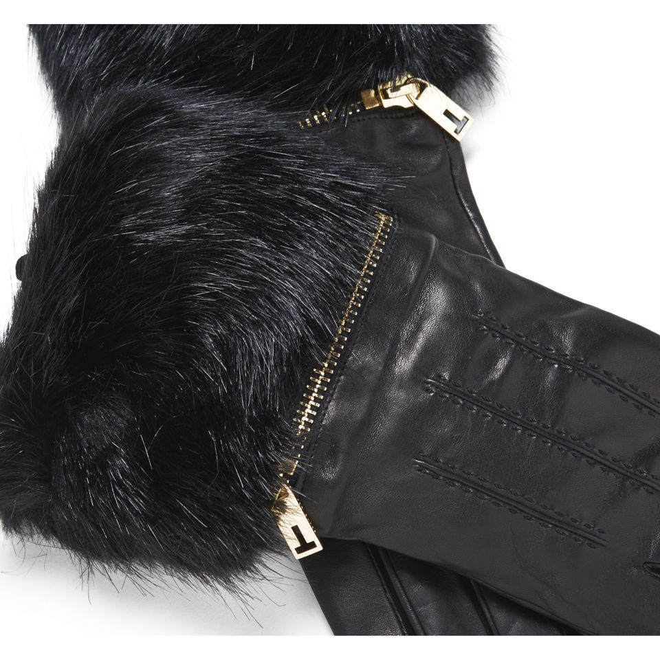 Ted Baker Faux Fur Zip Detail Leather Gloves - Black