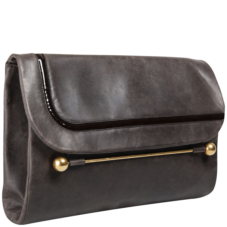 Rupert Sanderson Clio Large Leather Clutch - Grey/Dark Brown Patent Trim