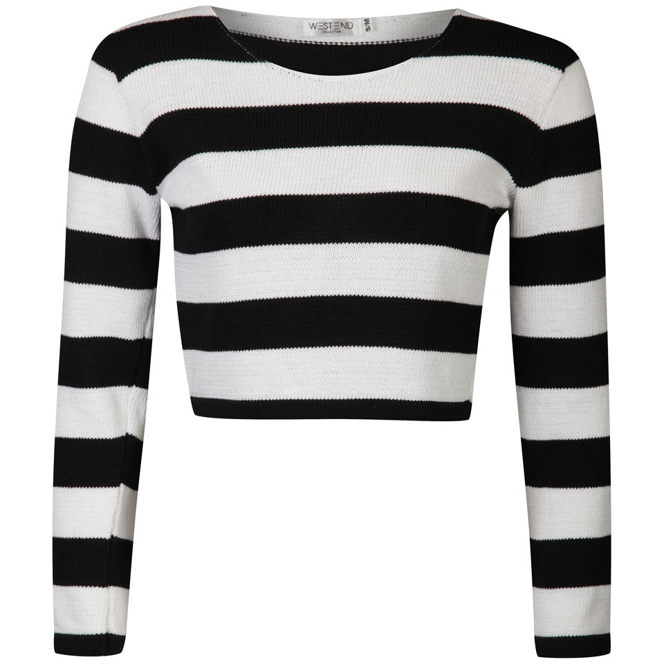 Moku Women's Crop Monochrome Stripe Jumper - Black/White