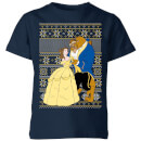 Disney Classic Beauty and The Beast Pattern Kids Christmas T-Shirt - Navy