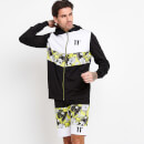 Men's Floral Chevron Cut And Sew Full Zip Poly Track Top With Hood – Black/White/Yellow