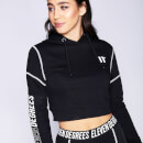 Women's Cropped Contrast Coverstitch Pullover Hoodie – Black