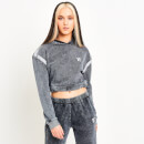 11 Degrees Womens Acid Wash Cropped Reflective Pullover Hoodie – Black