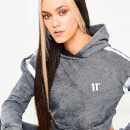 Women's Acid Wash Cropped Reflective Pullover Hoodie – Black