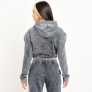 Women's Acid Wash Cropped Reflective Pullover Hoodie – Black