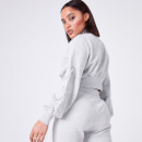Volume Sleeve Lace Up Detail Cropped Quarter Zip Sweatshirt – Grey Marl