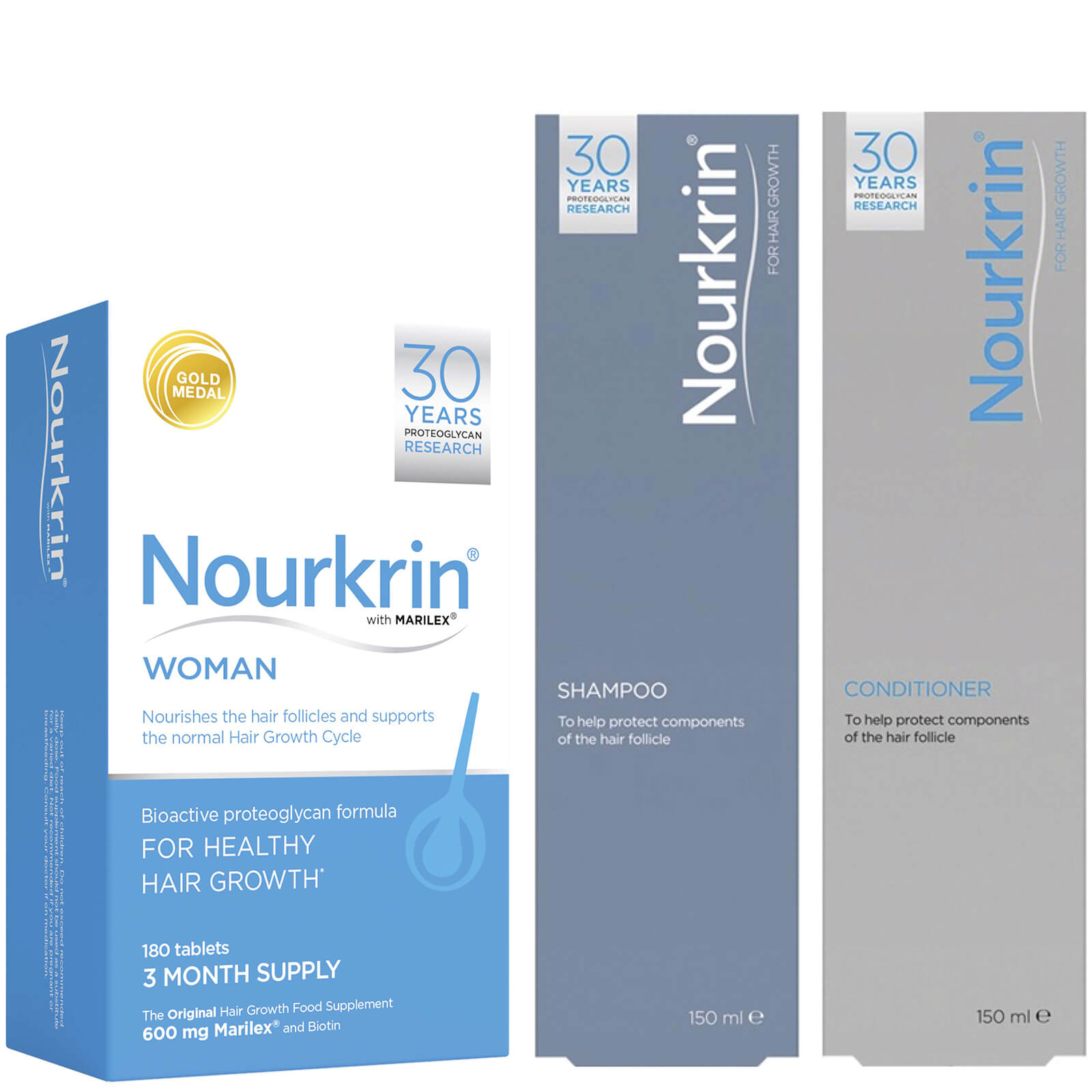 Pack de vitaminas para el pelo Nourkrin Woman - 180 comprimidos + champú y acondicionador gratis (2x150ml)