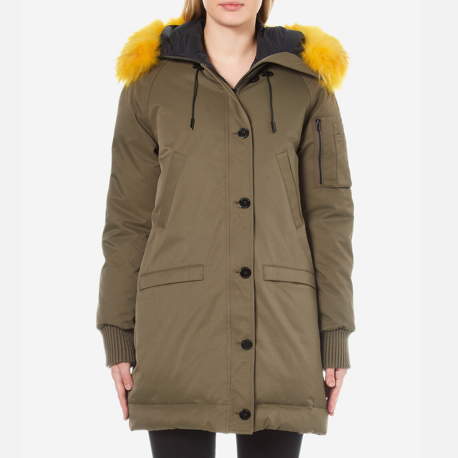 KENZO Women s Removable Yellow Fur Lined Long Parka Darker Khaki Coggles
