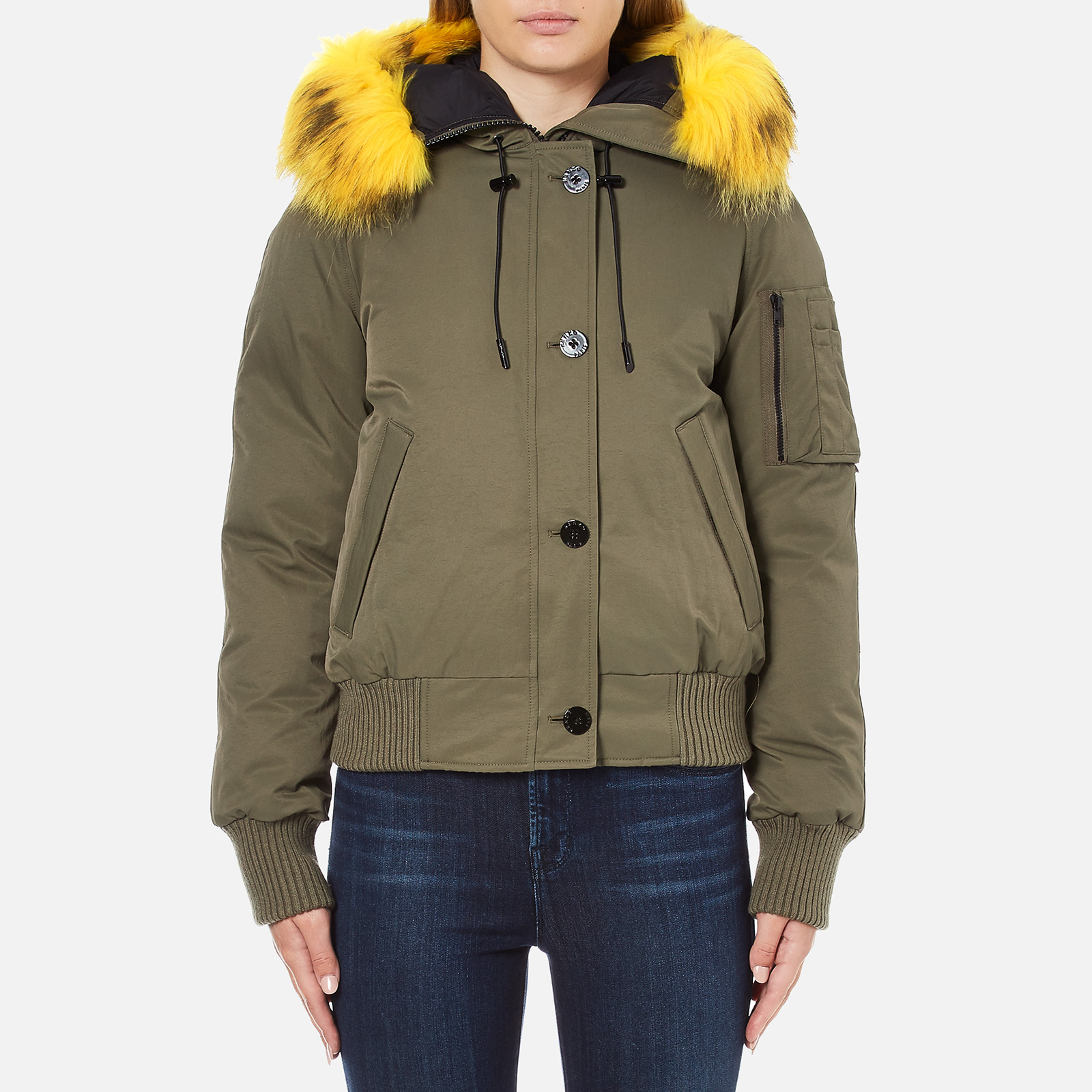 KENZO Women s Removable Yellow Fur Lined Short Parka Dark Khaki Coggles