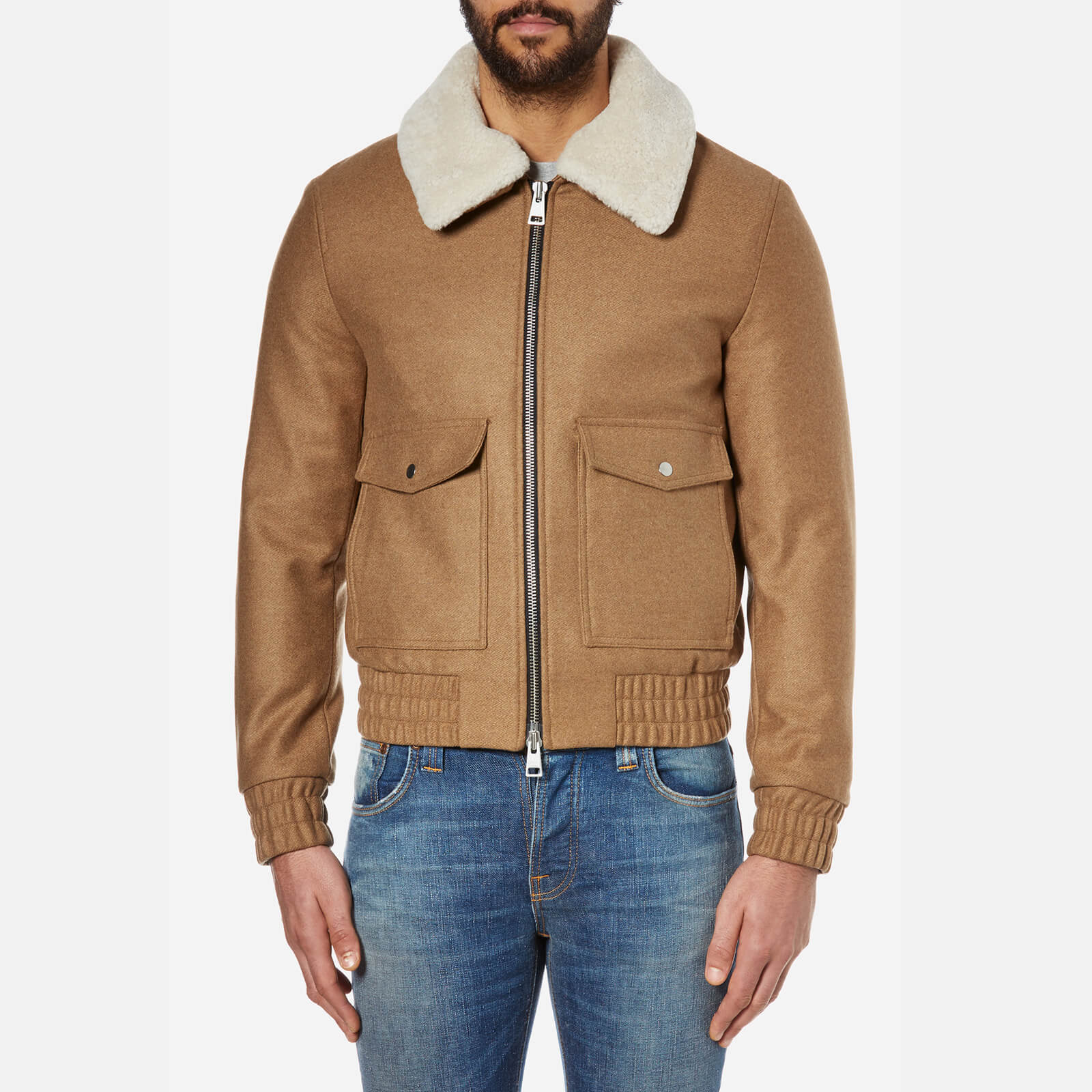 AMI Men's Shearling Collar Wool Jacket - Camel | Coggles