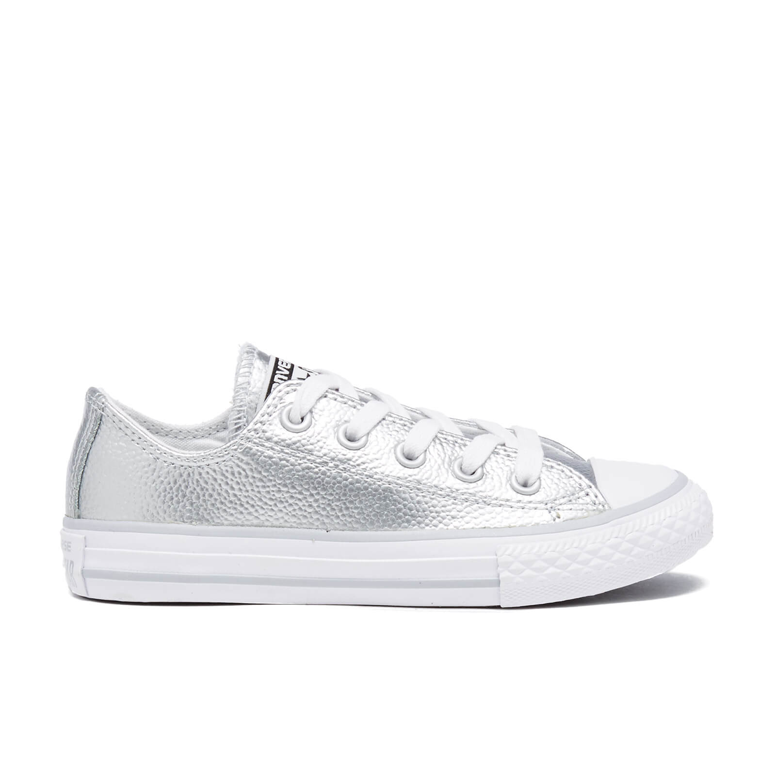 Converse Kids Chuck Taylor All Star Metallic Leather OX Trainers Pure Silver White Allsole