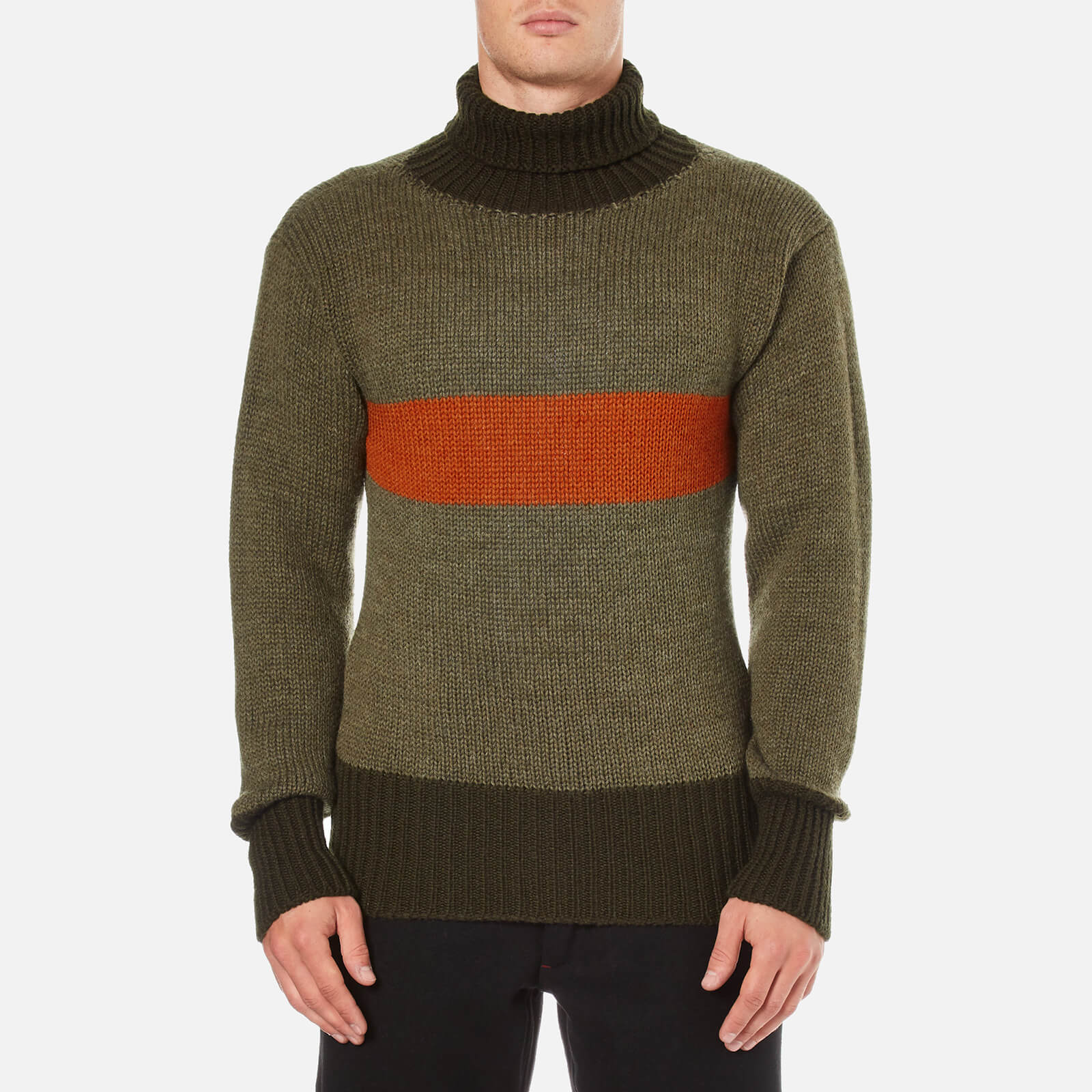 Nigel Cabourn Men's 3 Guage Striped Roll Neck Jumper - Army/Orange | Coggles