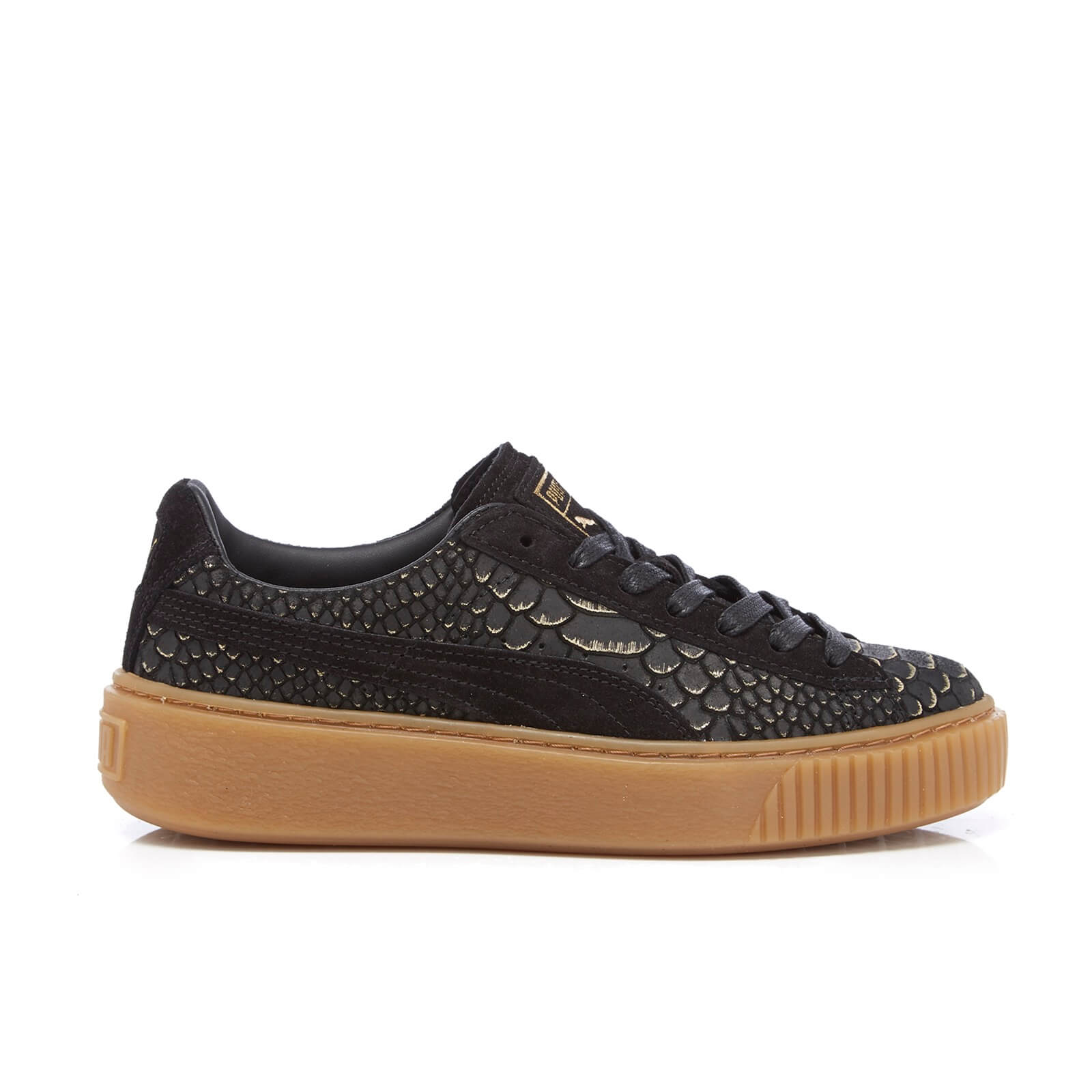 Puma Women s Basket Platform Exotic Skin Trainers Black Gold Coggles