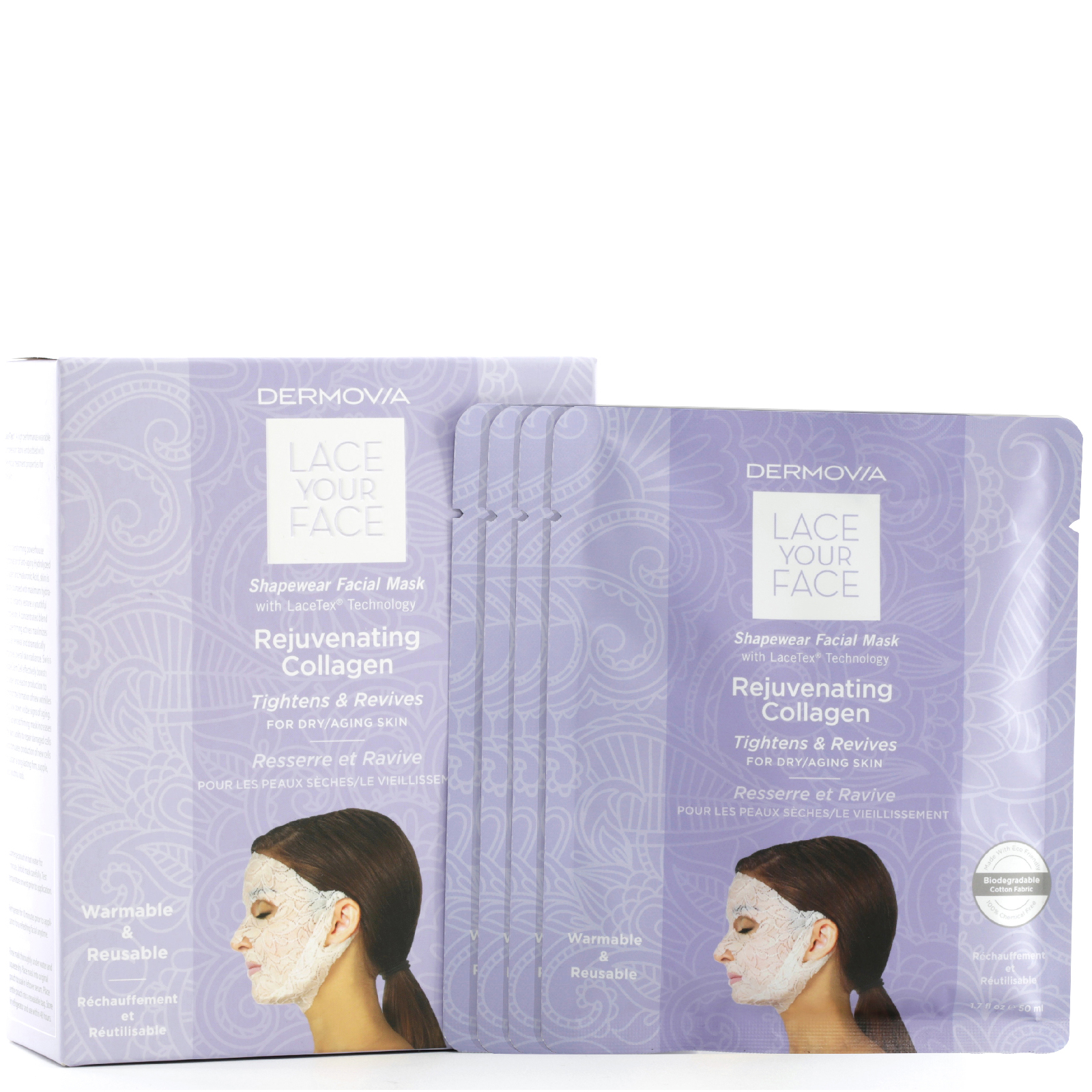 Dermovia LACE YOUR FACE Compression Facial Treatment Mask - Rejuvenating Collagen (4 Pack)