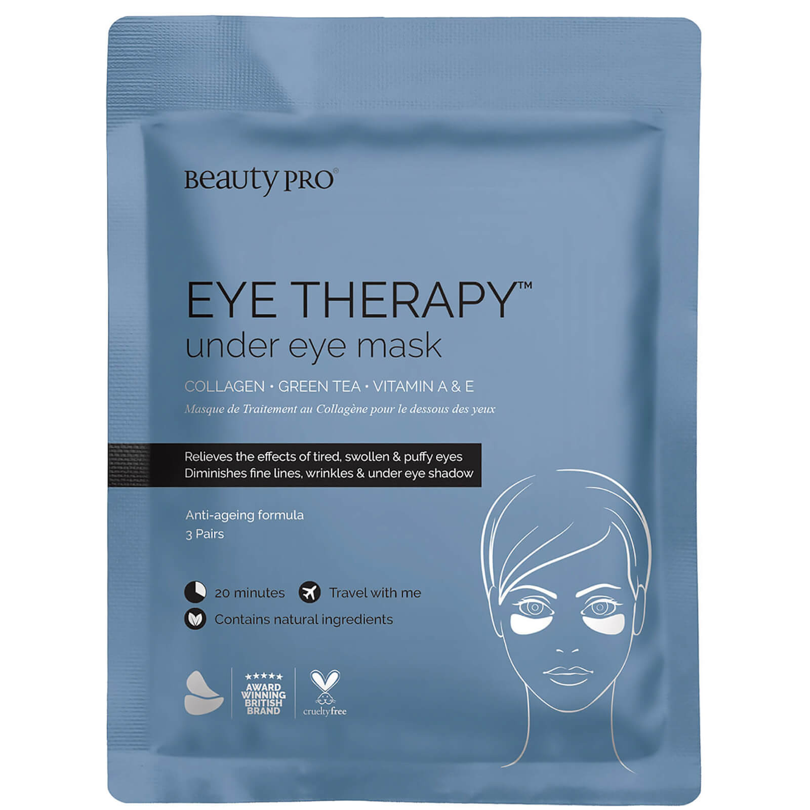 Mascarilla con tratamiento para las ojeras con colágeno y extracto de té verde de BeautyPro (3 aplicaciones)