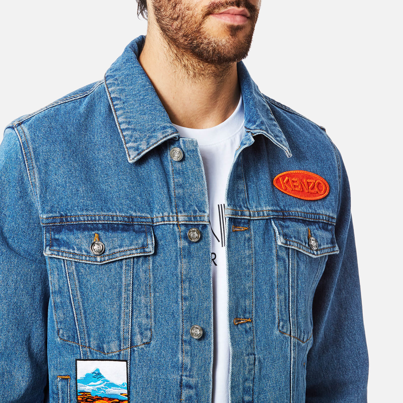 KENZO Men's Denim Jacket with Badges - Navy Blue | Coggles KENZO Men's Denim Jacket with Badges - Navy Blue | Coggles