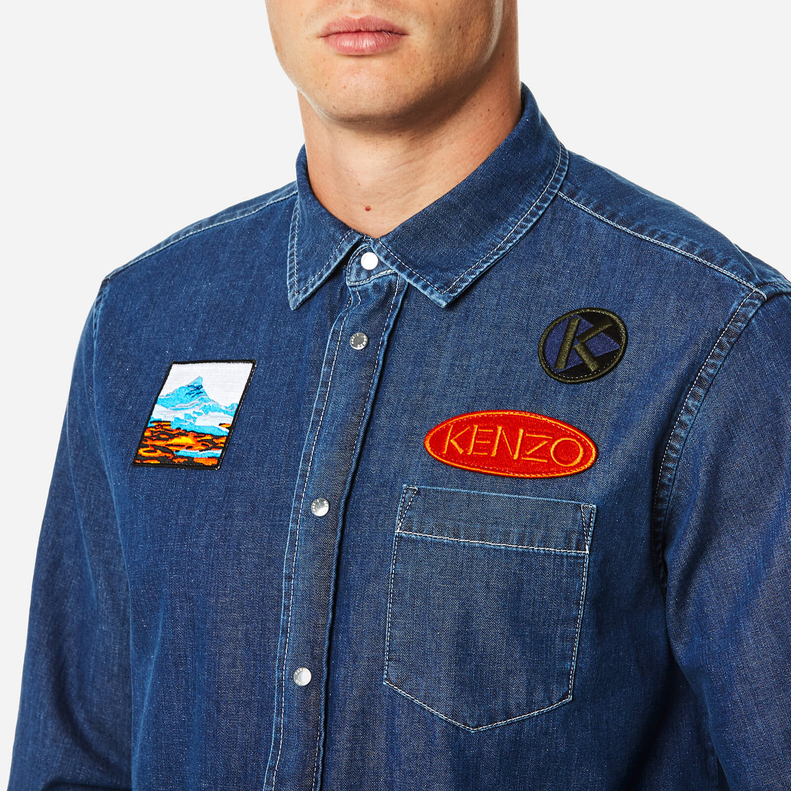 KENZO Men's Denim Shirt with Badges - Navy Blue | Coggles KENZO Men's Denim Shirt with Badges - Navy Blue | Coggles