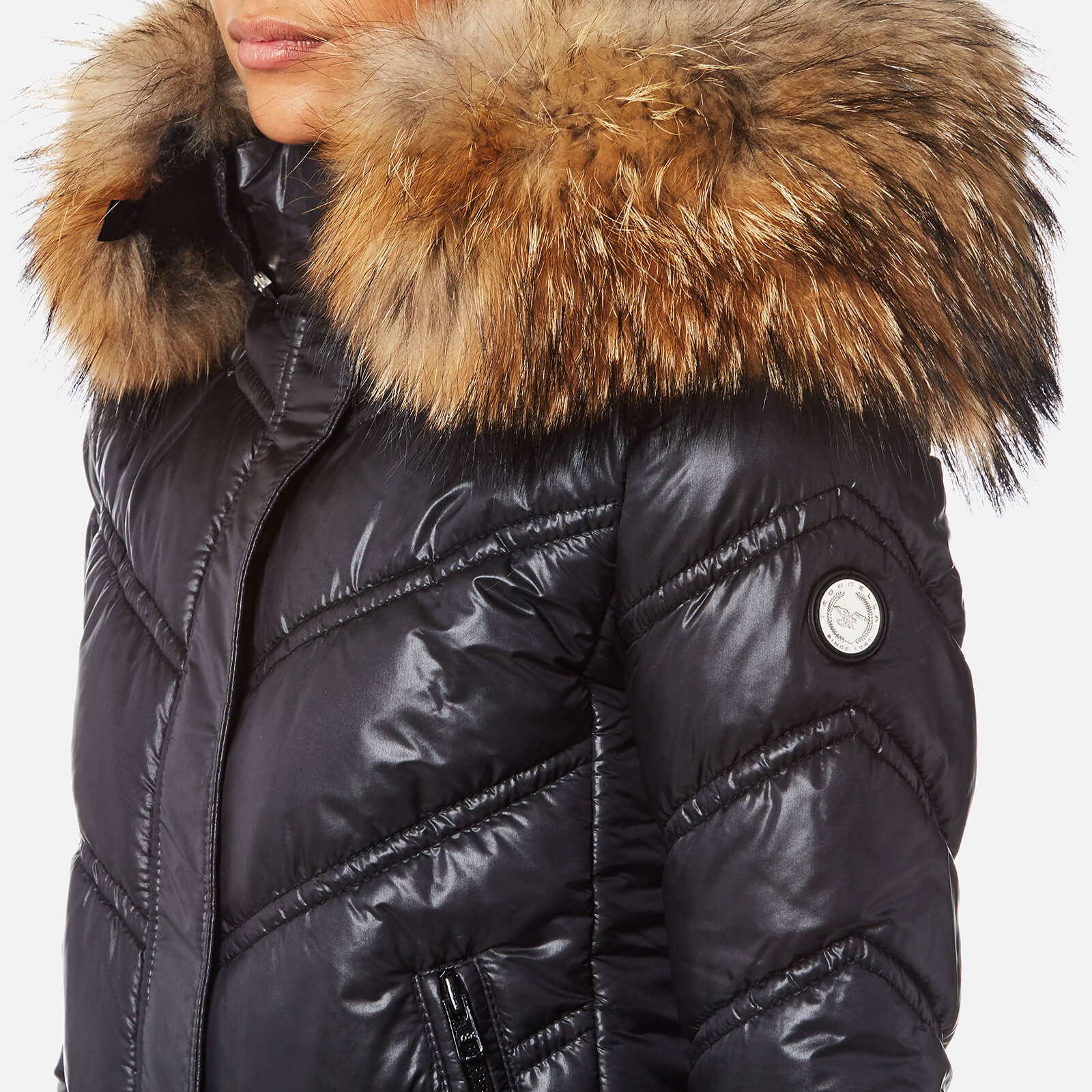 Froccella Women s Bomber with Natural Big Fur Collar Coat Black Black Fur Coggles