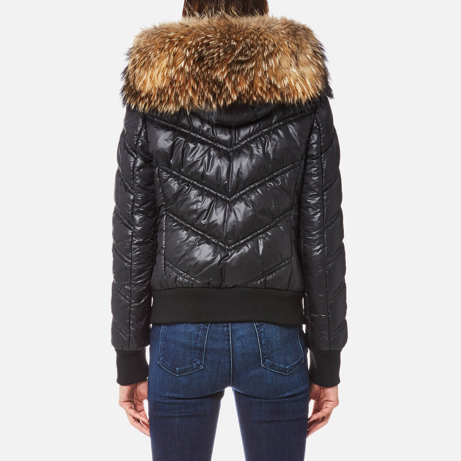 Froccella Women s Bomber with Natural Big Fur Collar Coat Black Black Fur Coggles