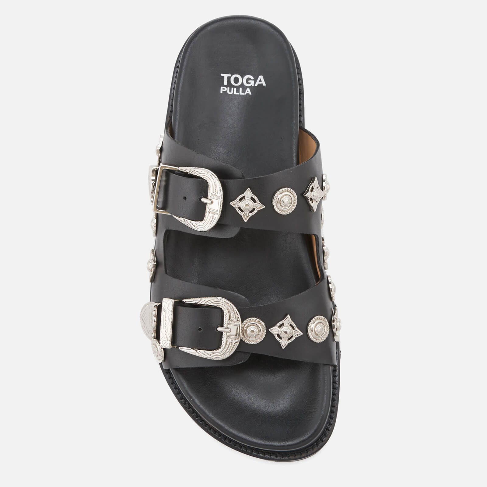 Toga Pulla Women's Leather Double Strap Flat Sandals - Black | Coggles