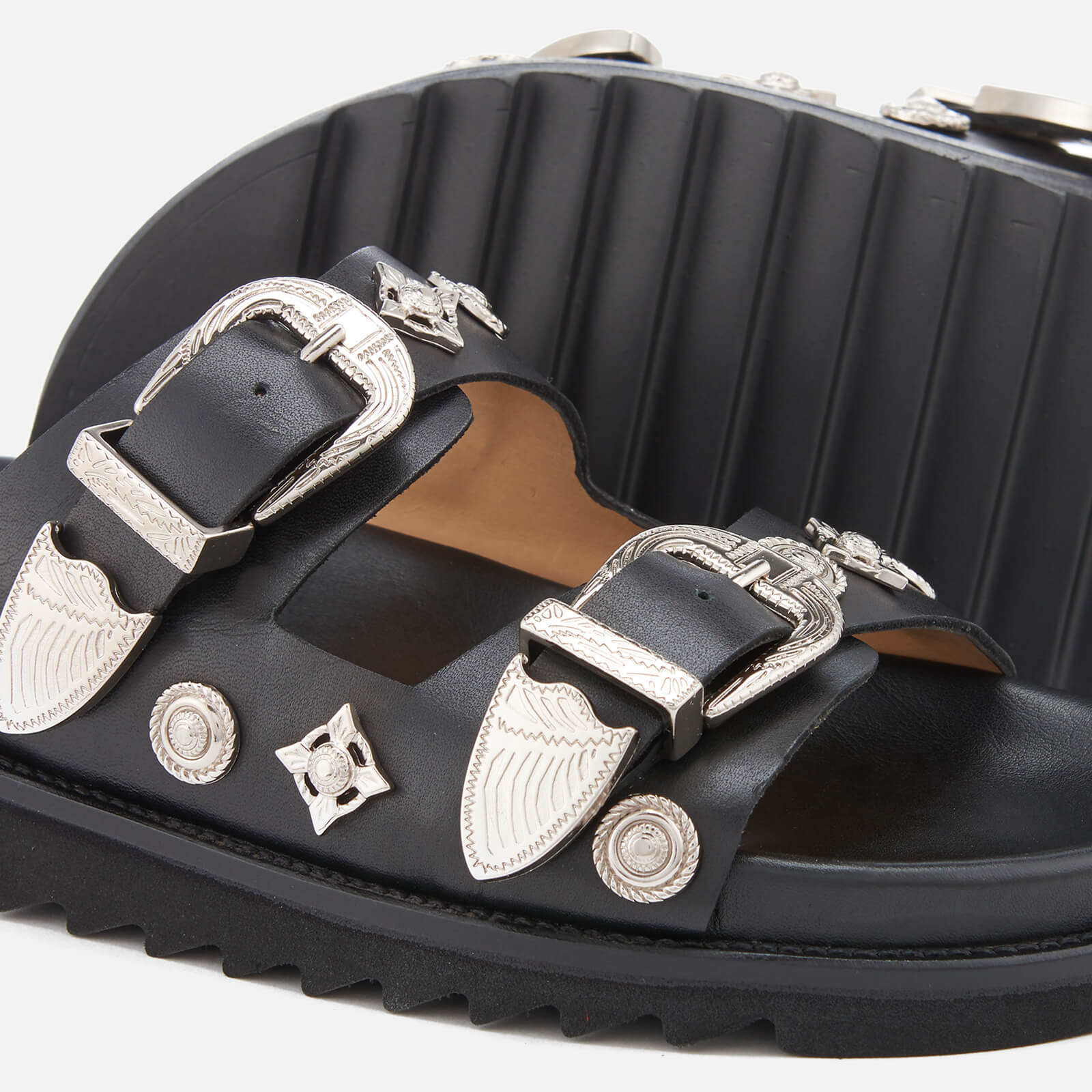Toga Pulla Women's Leather Double Strap Flat Sandals - Black | Coggles