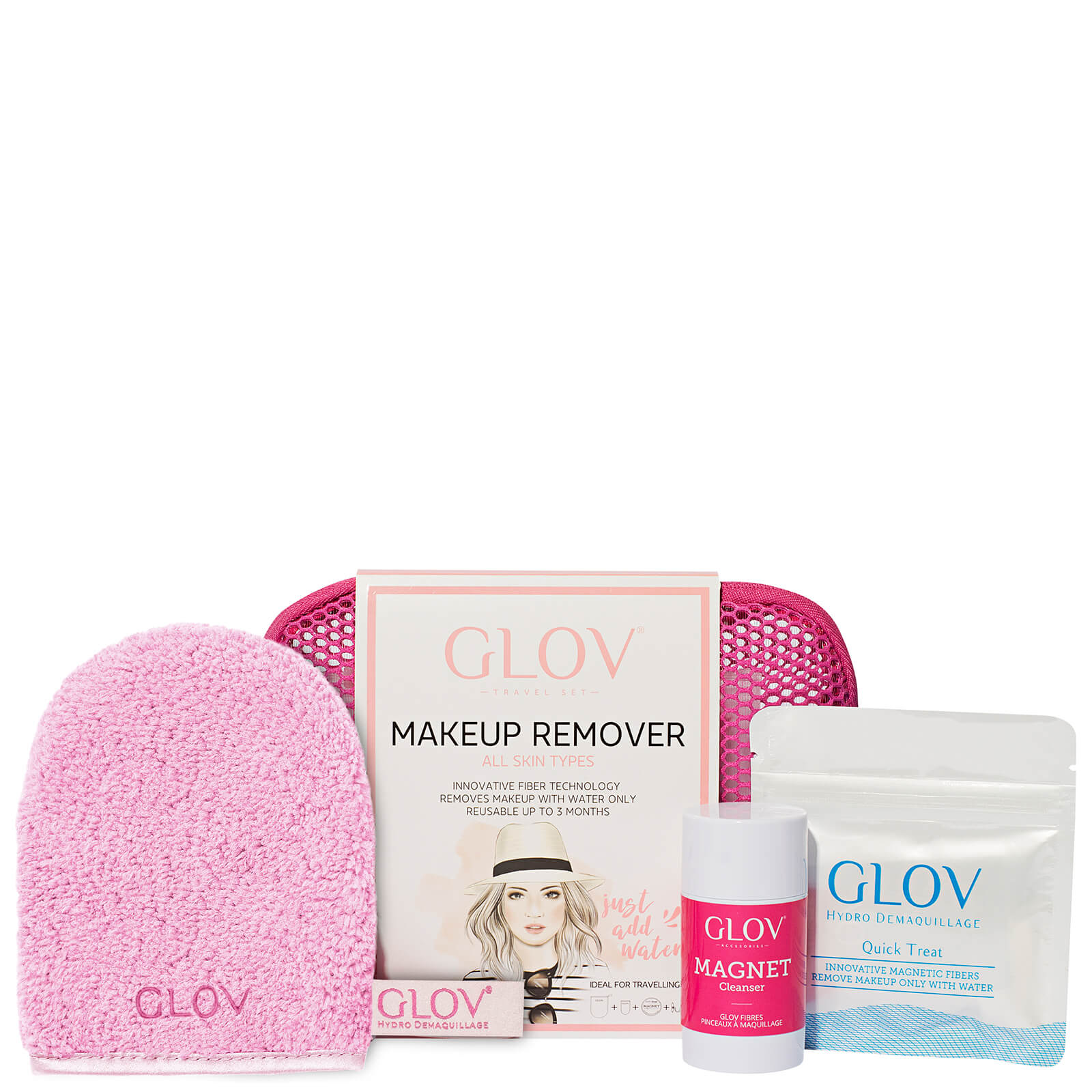 GLOV® Pink Travel Water-Only Makeup Removing Mitt for All Skin Types with Fiber Soap Set