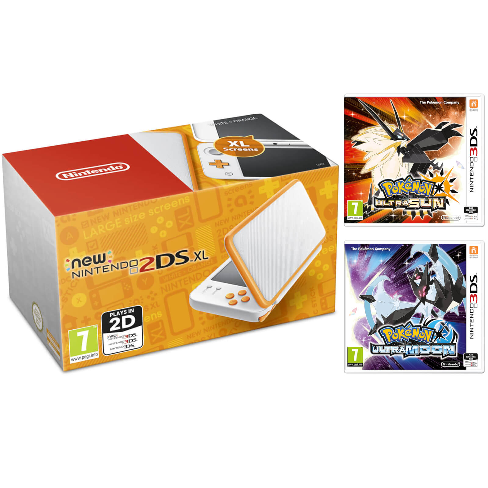 New Nintendo 2DS XL Orange & White with Pokémon Ultra Sun & Moon