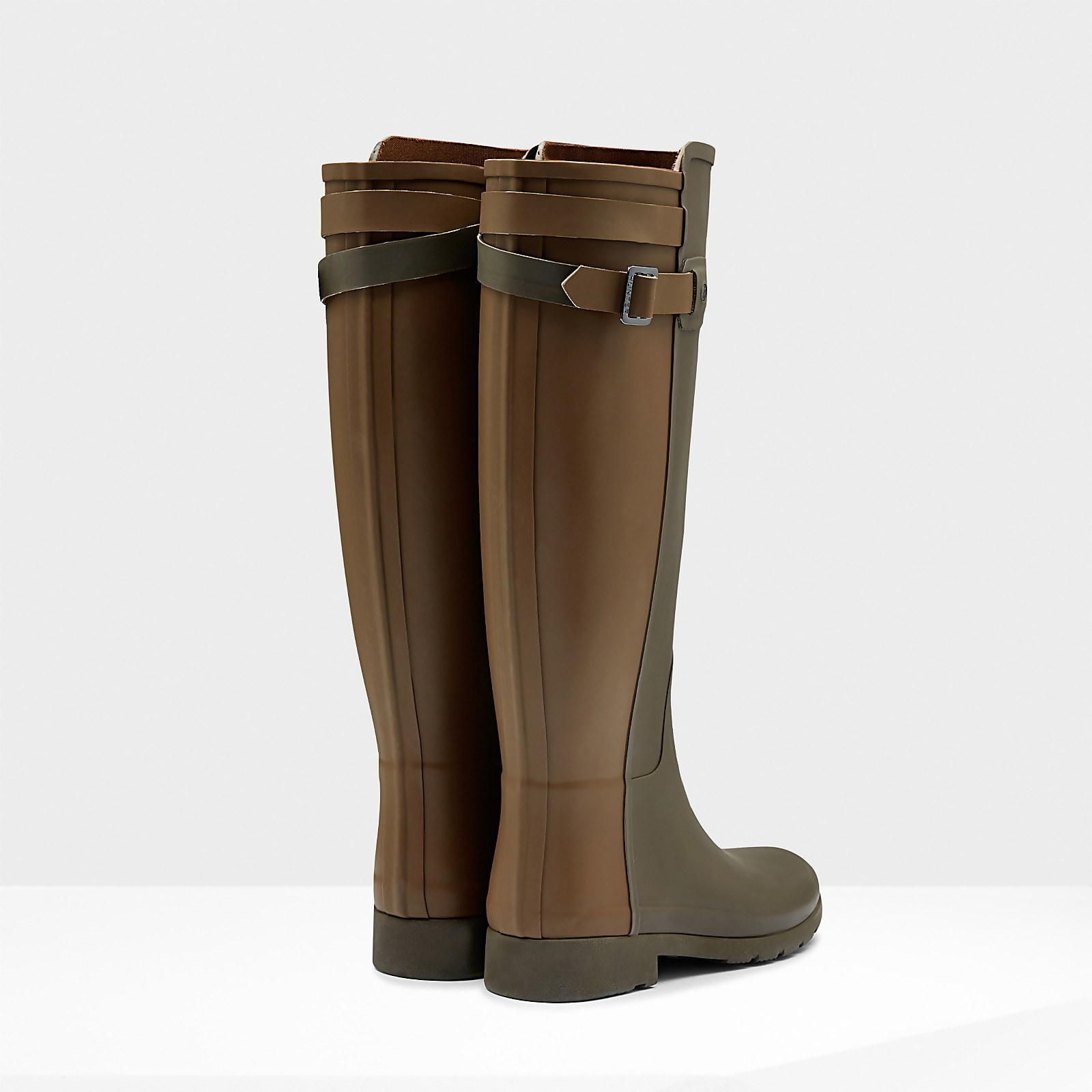 Hunter Women s Original Tall Refined Back Strap Wellies Swamp Green Light Khaki Brown Allsole