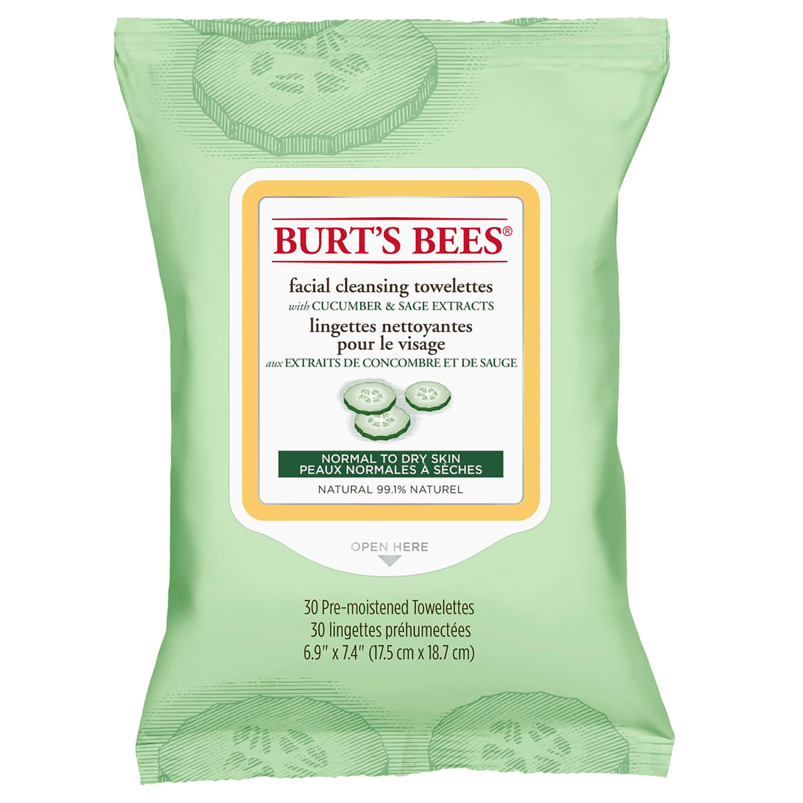 Toallitas limpiadoras faciales de Burt's Bees - Cucumber and Sage (30 unidades)