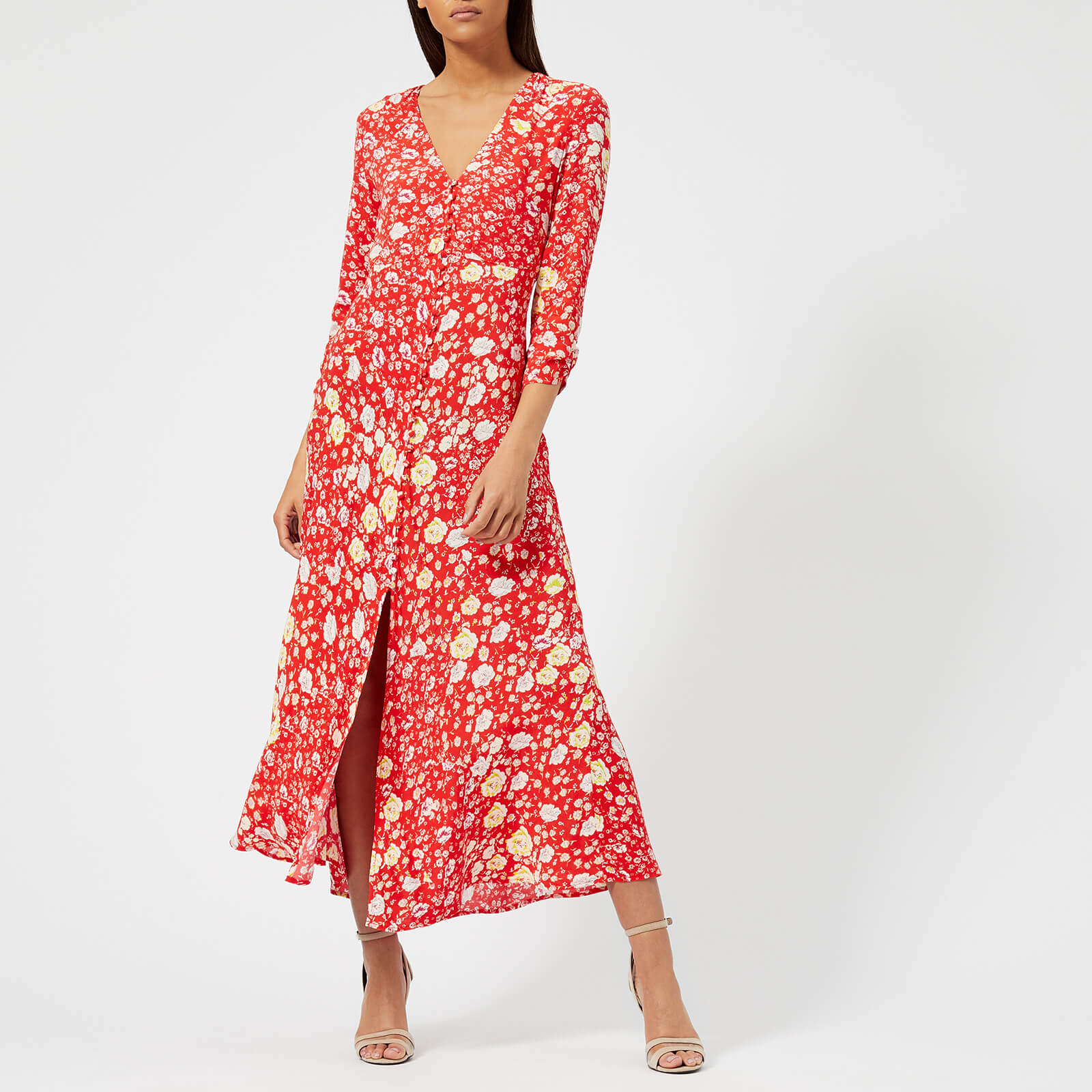 RIXO Women s Katie Long Sleeve Button Down Front Maxi Dress Red Micro Floral Coggles