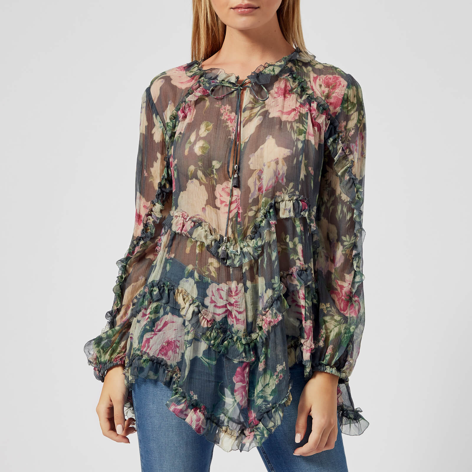 Zimmermann Women's Iris Ruffle Top - Charcoal Floral | Coggles