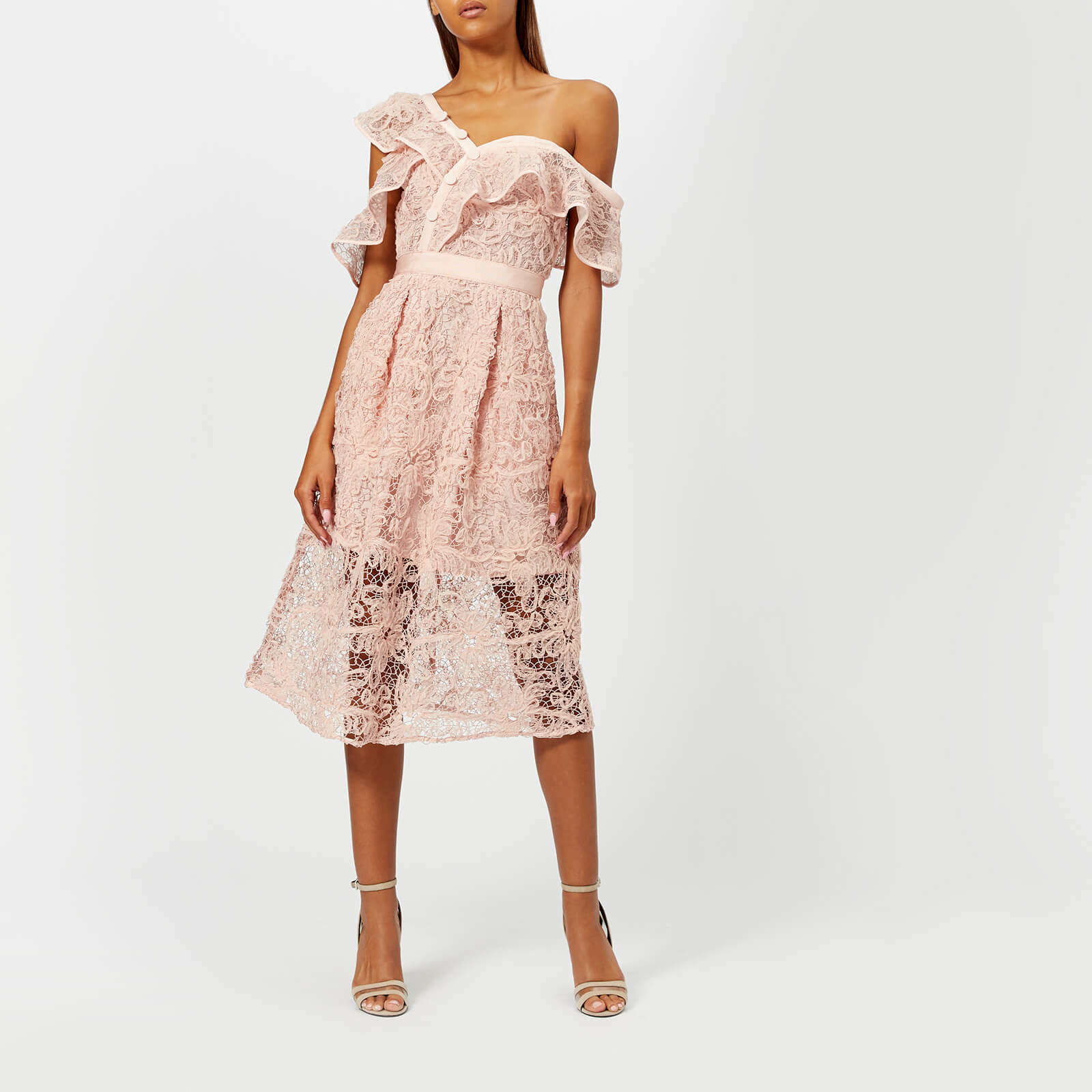 Self Portrait Women s Floral Mesh Lace Frill Midi Dress Pink Coggles