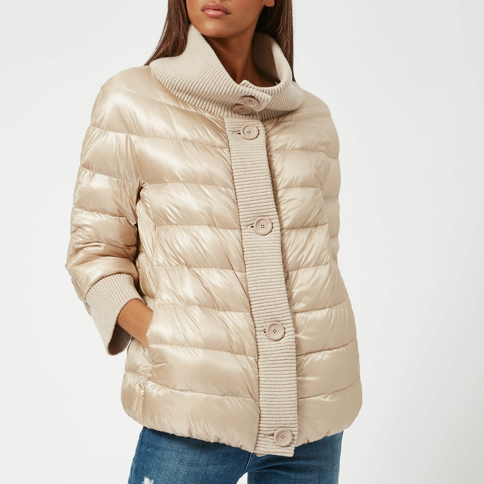 Herno Women s Short 3 4 Sleeve Quilted Jacket with Knit Collar Beige Coggles