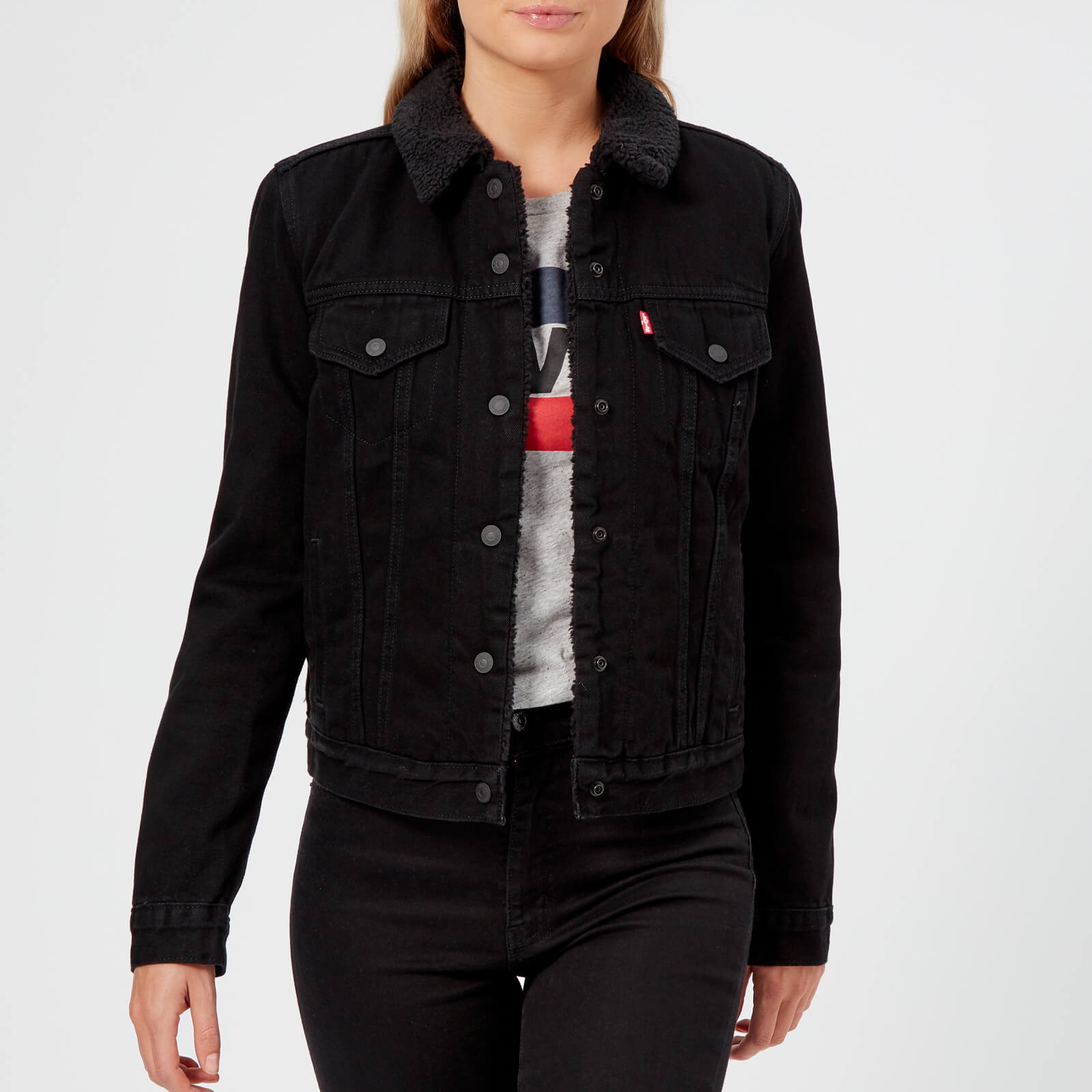 Black denim sherpa jacket women's top