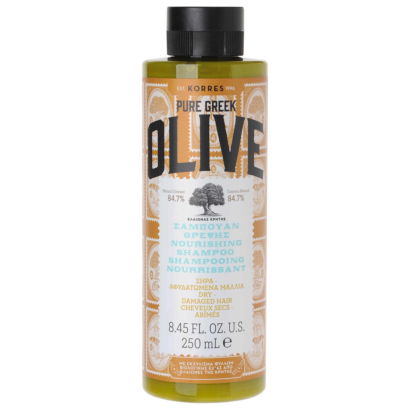 Champú nutritivo Natural Pure Greek Olive para cabello seco/dañado de KORRES 250 ml