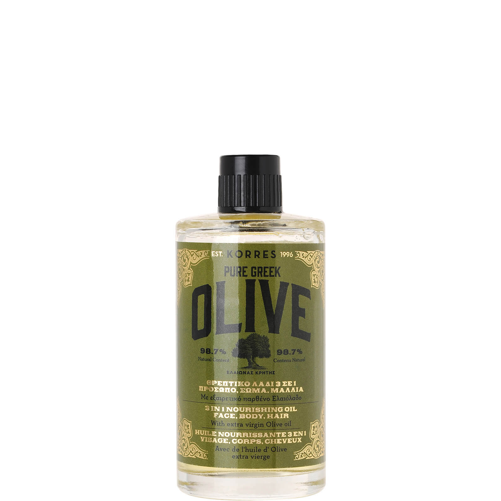 Aceite nutritivo para rostro, cuerpo y cabello 3 en 1 Natural Pure Greek Olive de KORRES 100 ml