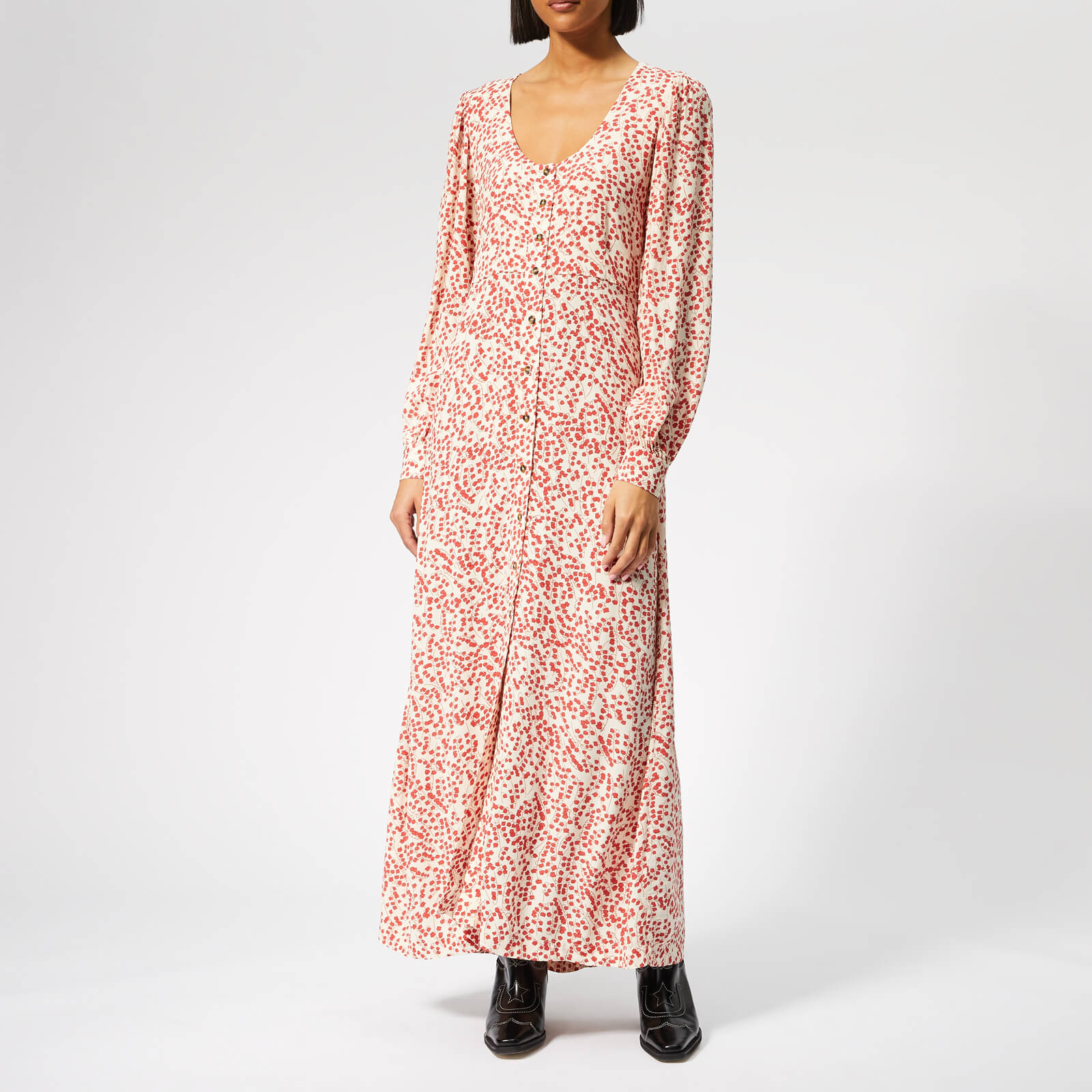 Ganni Women s Goldstone Crepe Buttoned Dress Egret Coggles