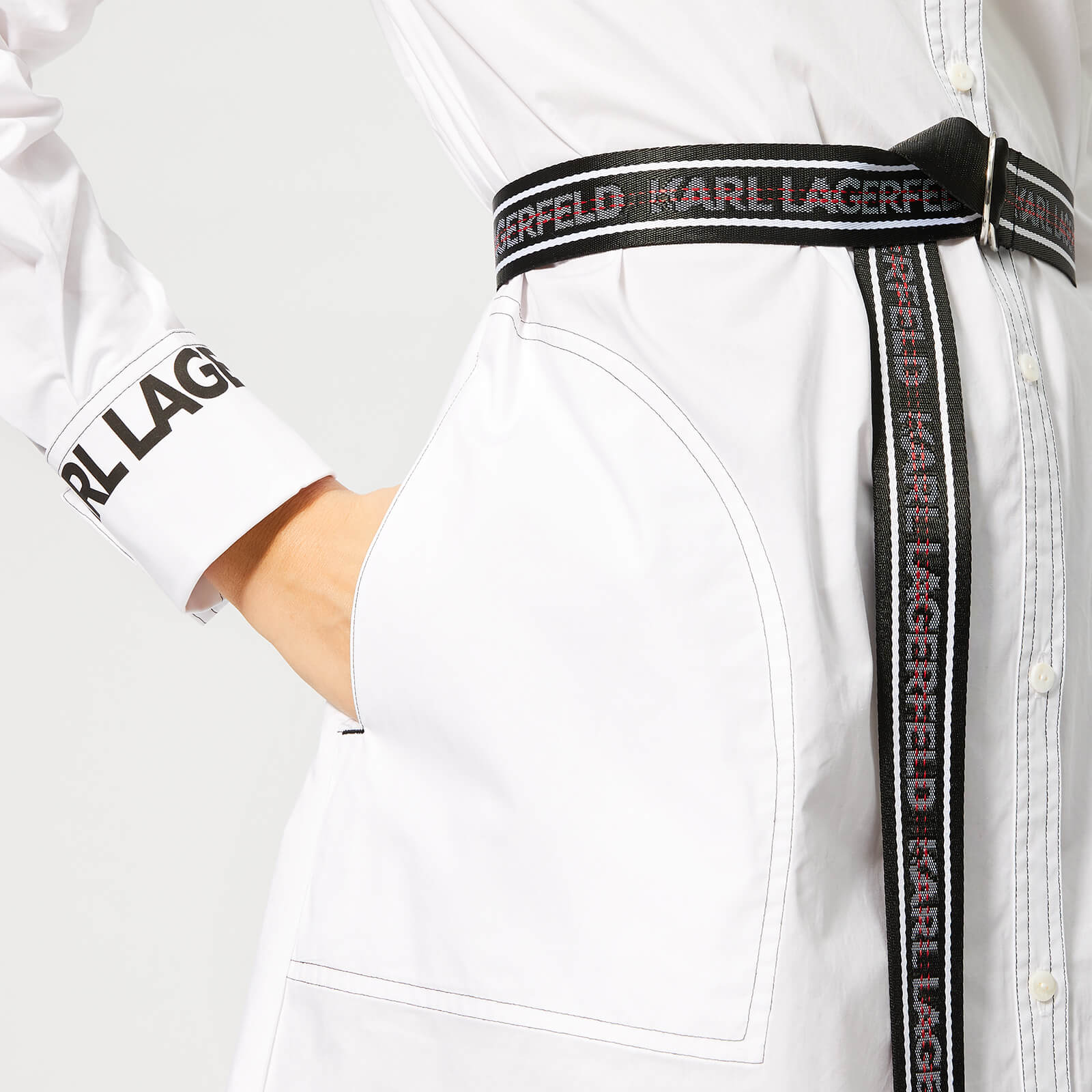 KARL LAGERFELD ロコウエストハントミティトレス 【関税込】 Karl Lagerfeld Women's Shirt Dress with Logo Belt - White