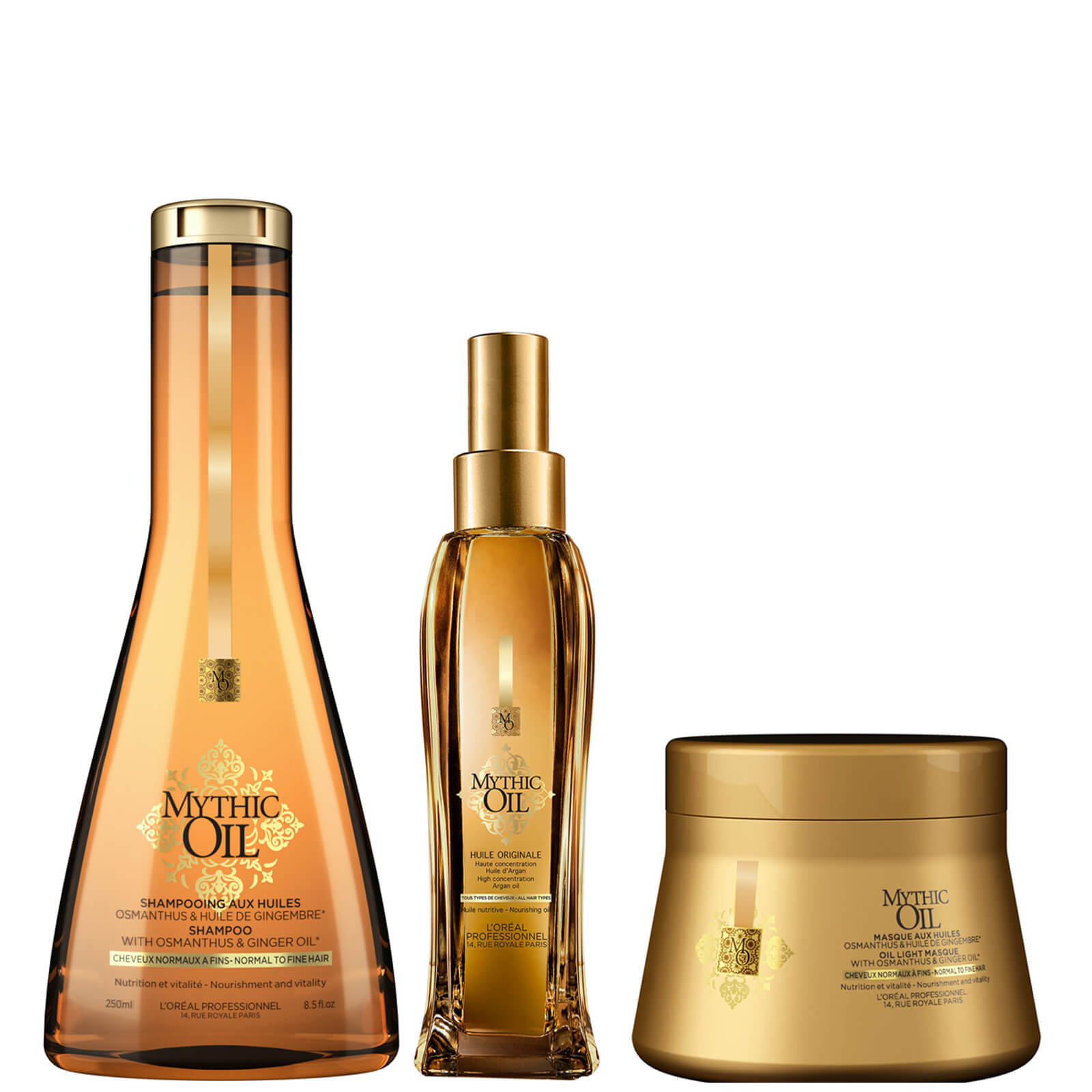 Trío de champú, mascarilla y aceite para cabellos normales/finos Mythic Oil de L'Oréal Professionnel