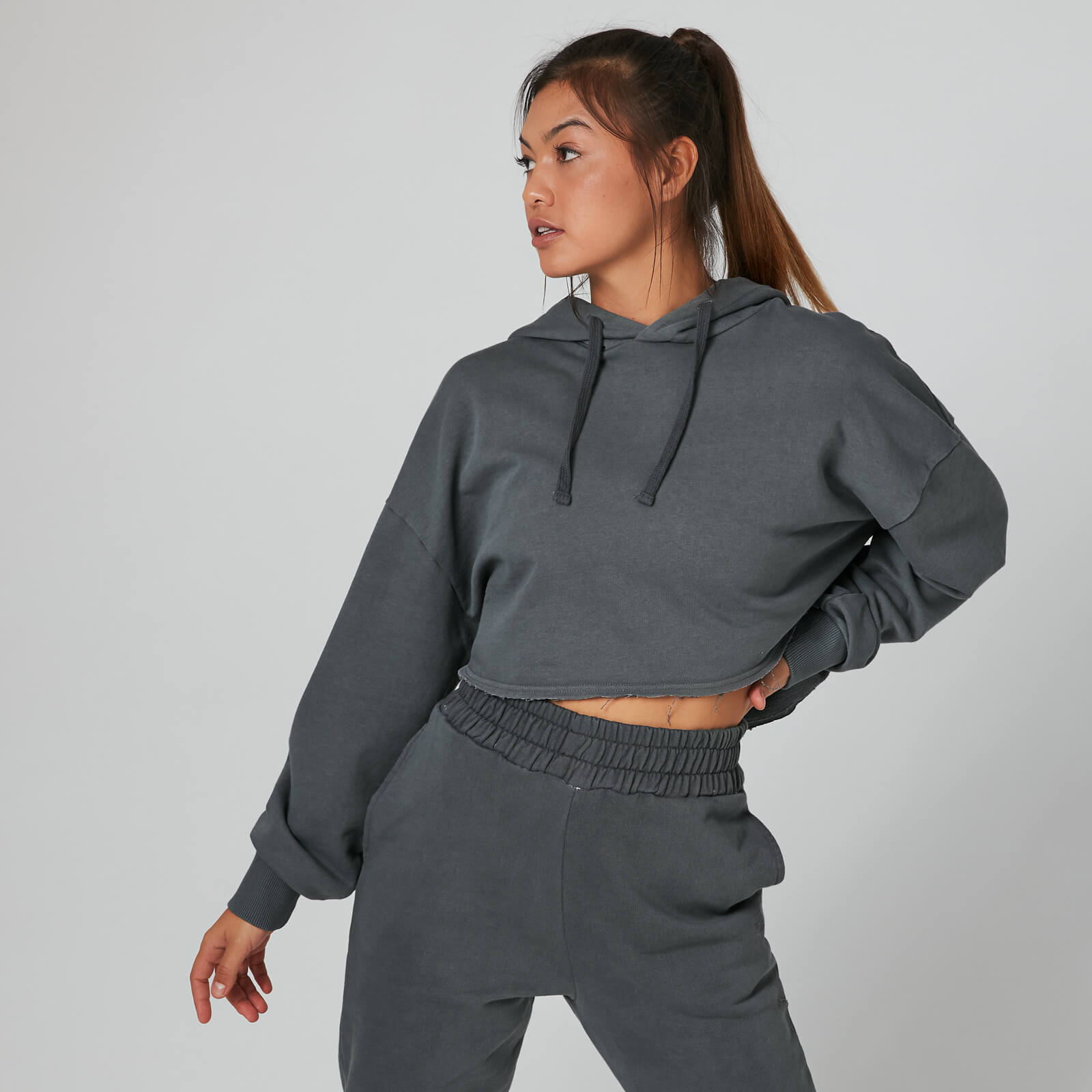 Washed Cropped Hoodie - Grey - XS