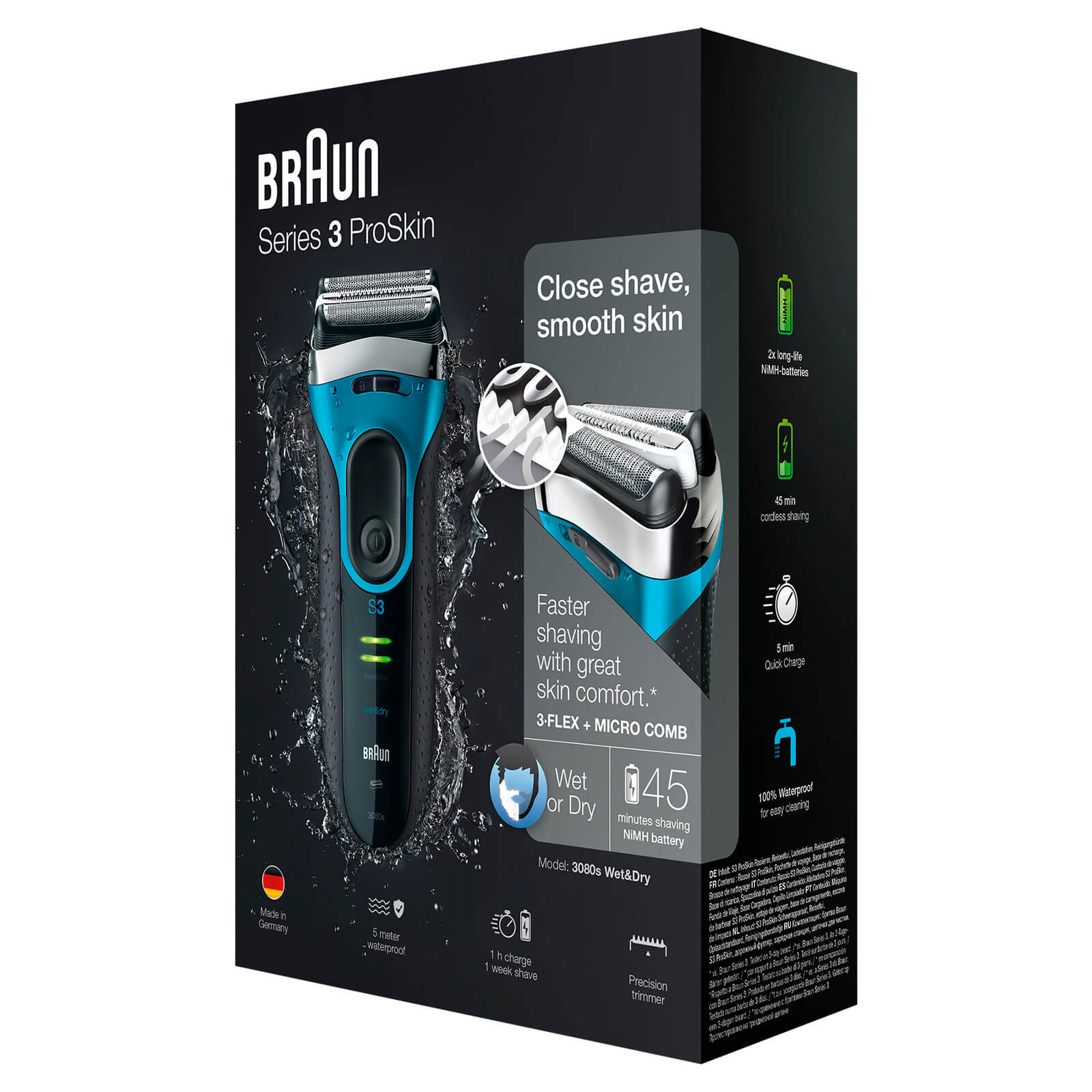 Braun Series 3 Proskin 3080S Electric Shaver - Black/Blue
