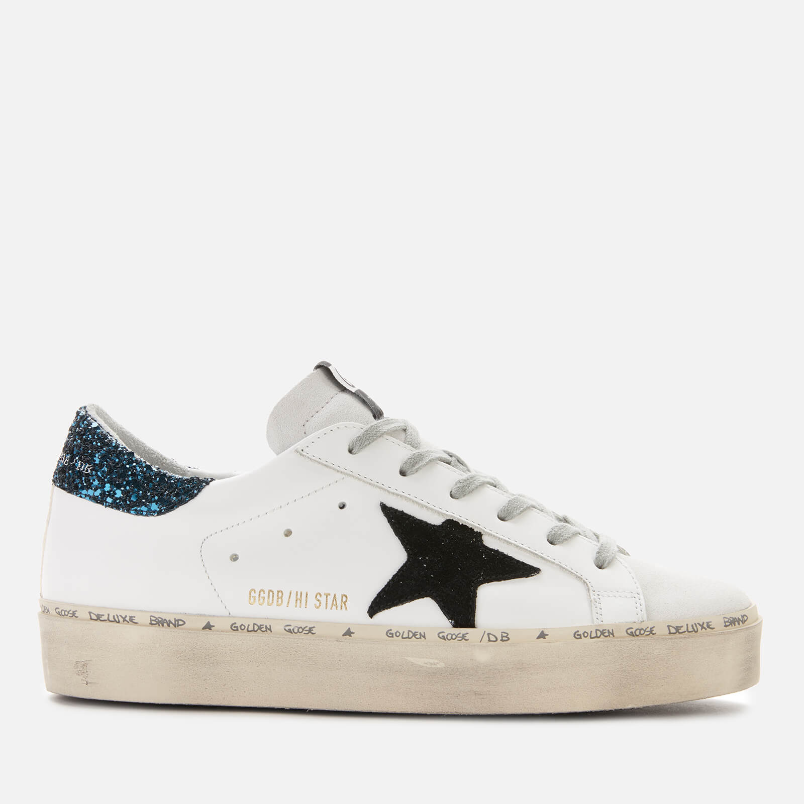 Golden Goose Women s Hi Star Leather Flatform Trainers White Blue Glitter Black Star Coggles