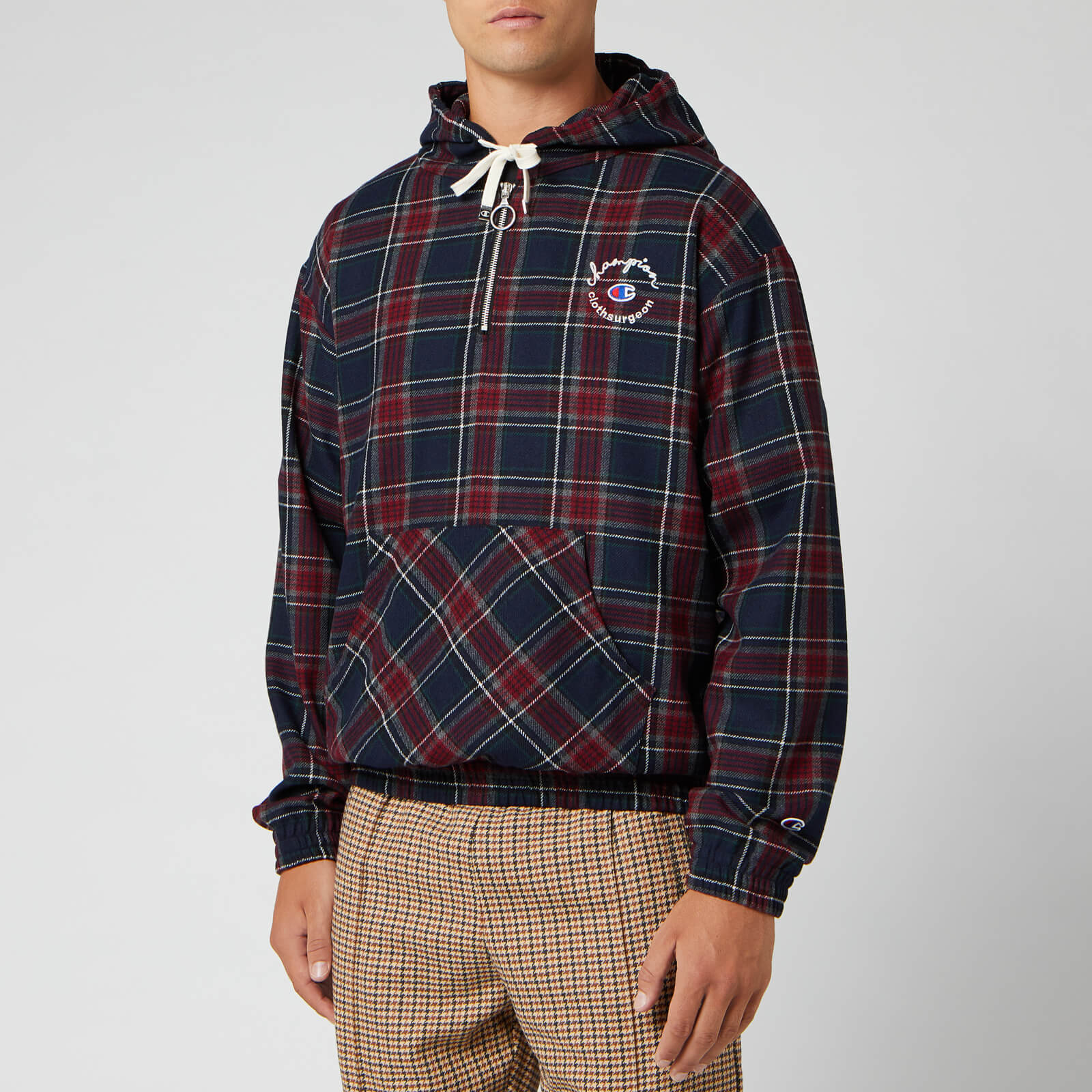 Champion X Clothsurgeon Men s Small Logo Half Zip Hooded Sweatshirt Red Tartan S Coggles