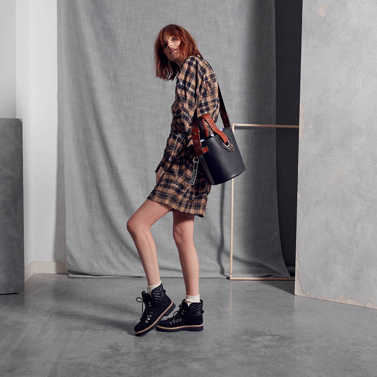 Egret Seersucker Check Mini Layer Dress | GANNI US