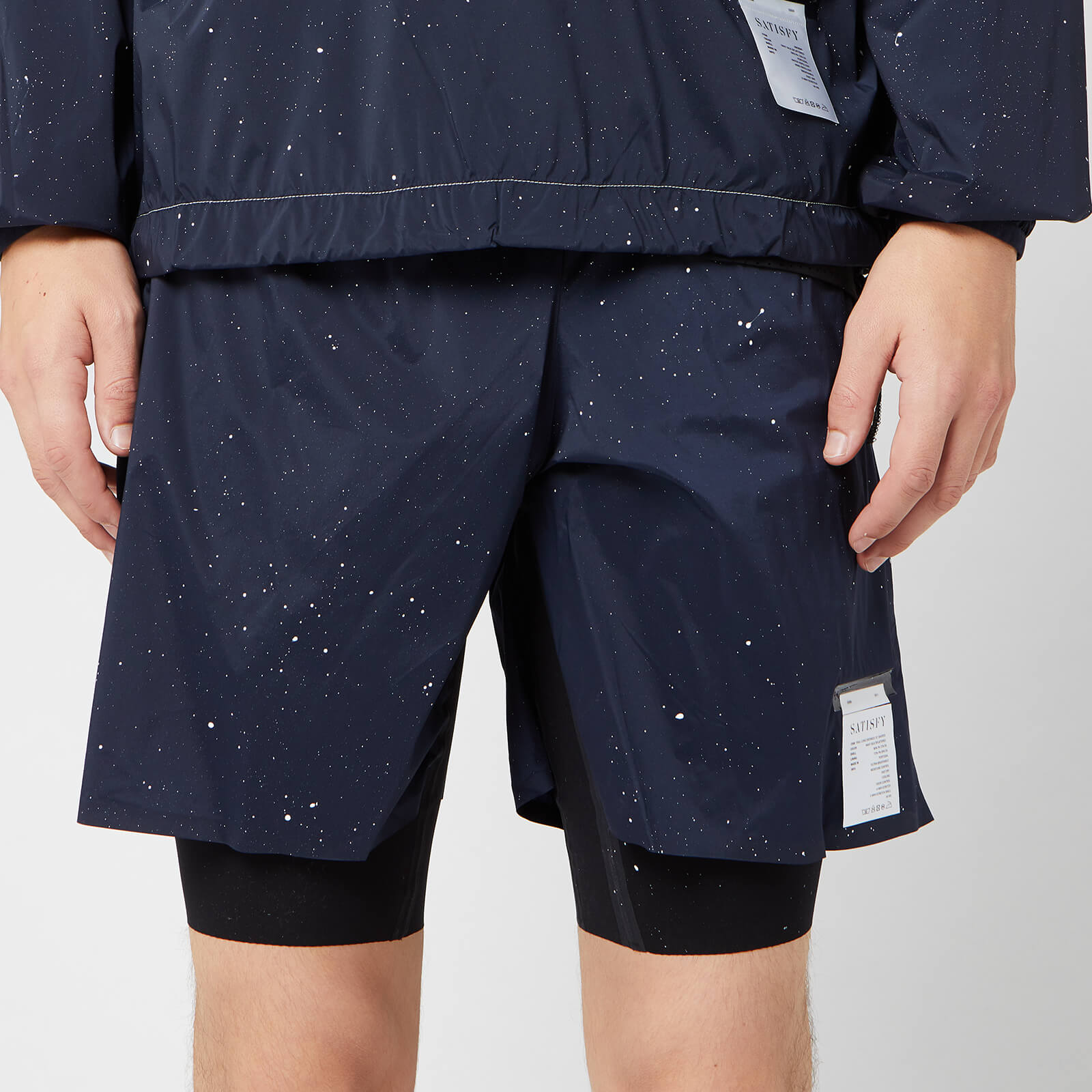Satisfy Men s Trail Long Distance 10 Shorts Navy Silk Splattered S Coggles