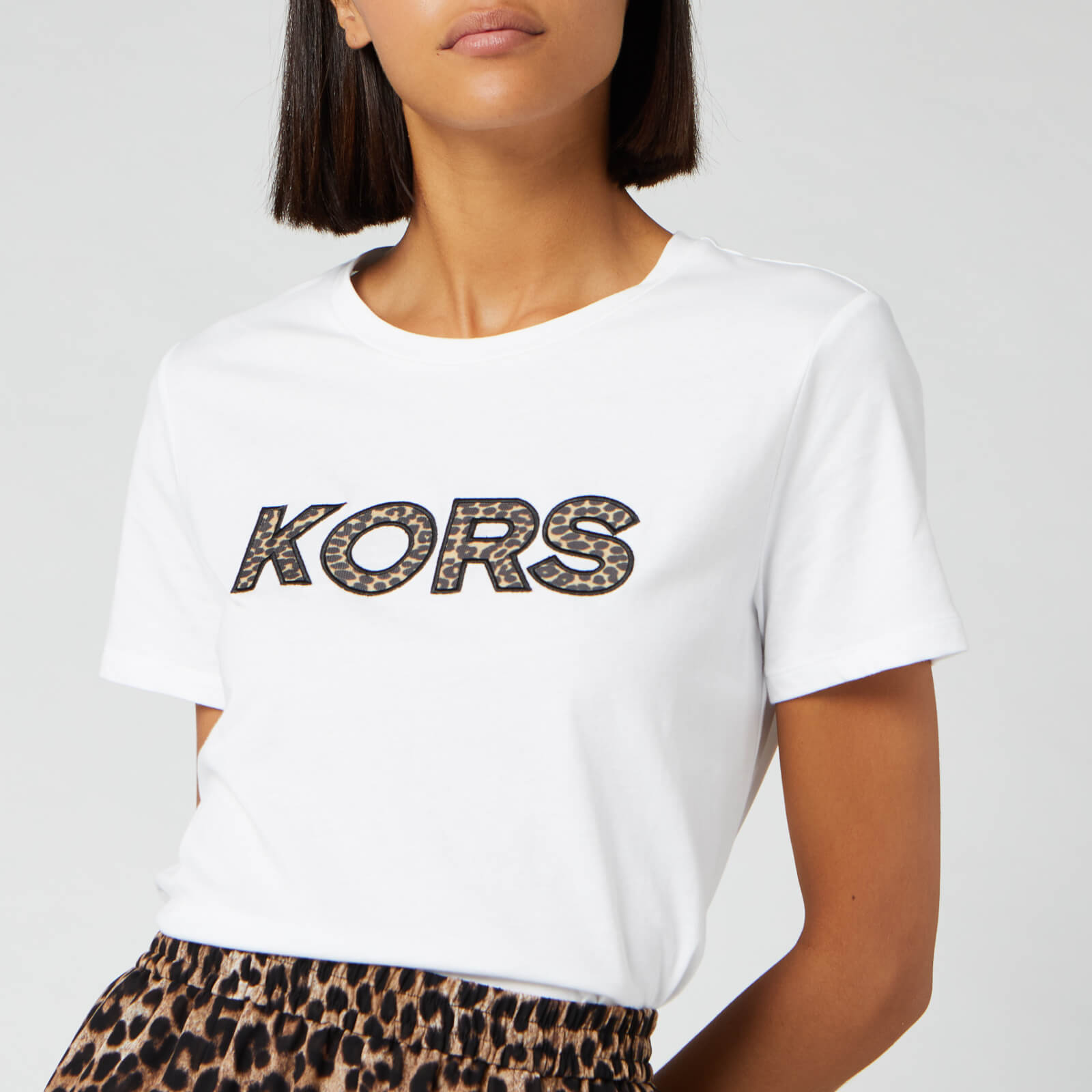 MICHAEL MICHAEL KORS Women s Leopard Logo T Shirt White XS Coggles