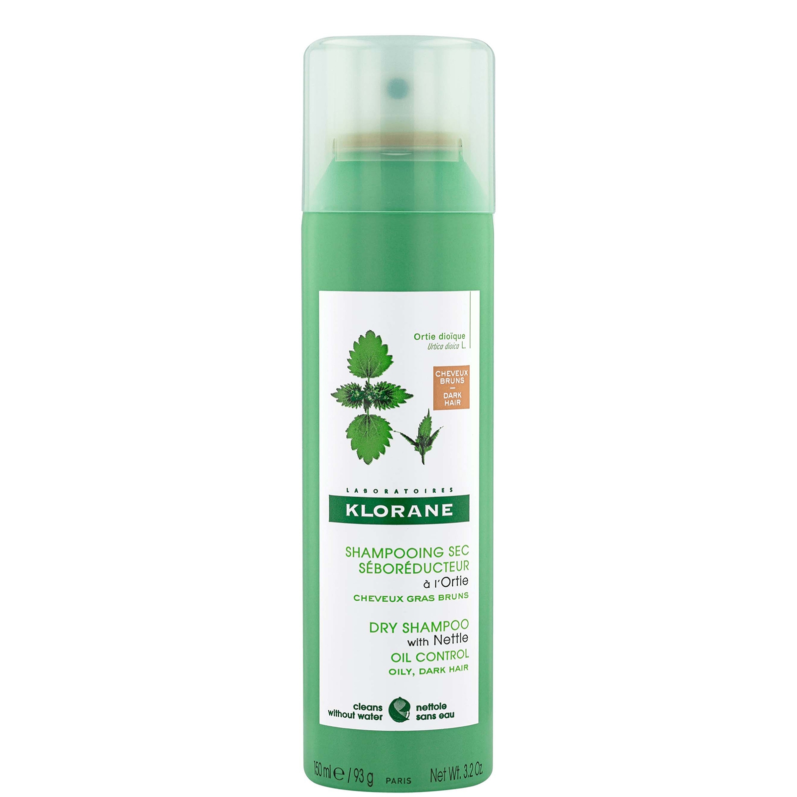 KLORANE Champú seco purificante con ortiga para cabellos castaños-oscuros grasos 150ml