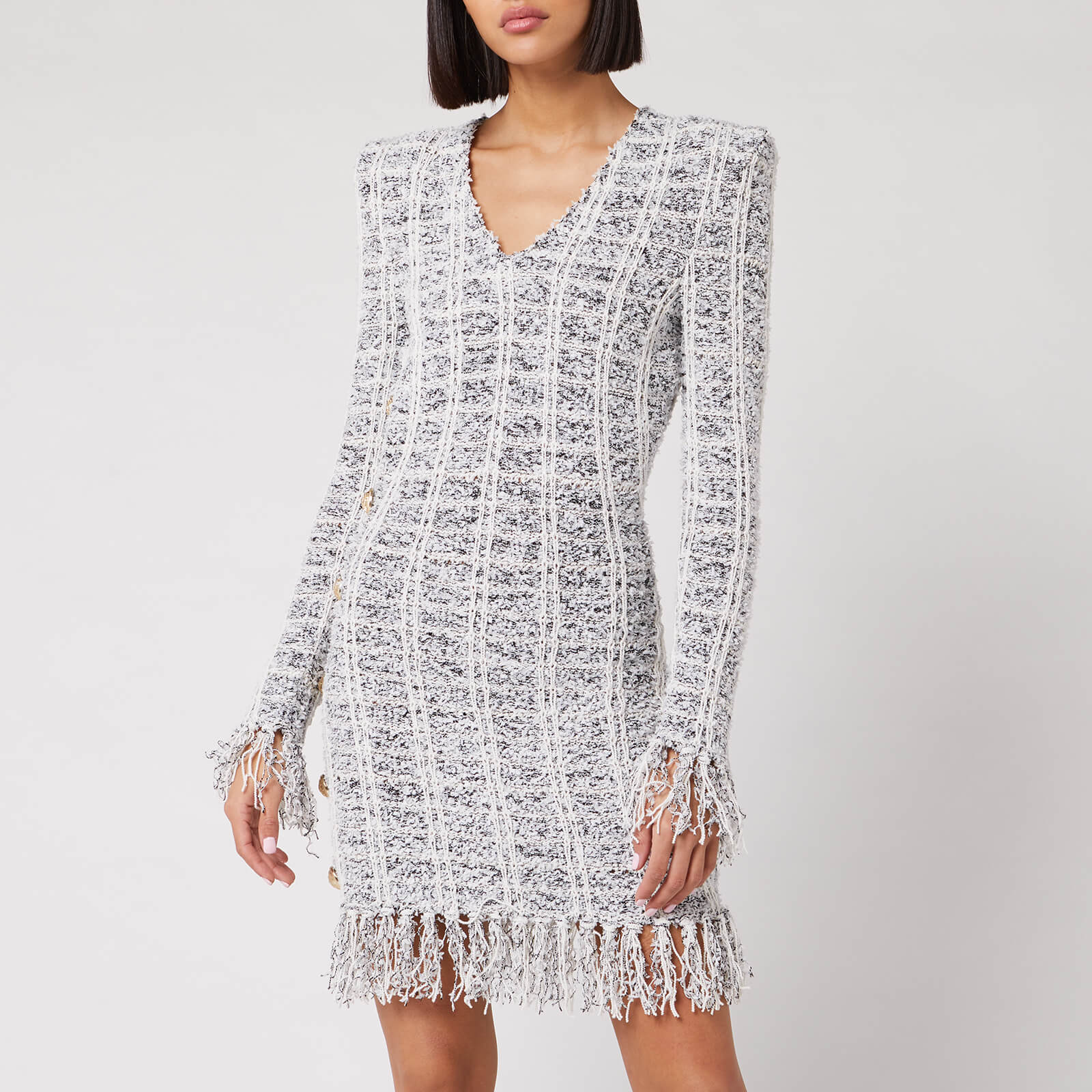 Balmain Women s Short Long Sleeve Fringed Tweed Wrap Dress Black White FR 36 UK 8 Coggles
