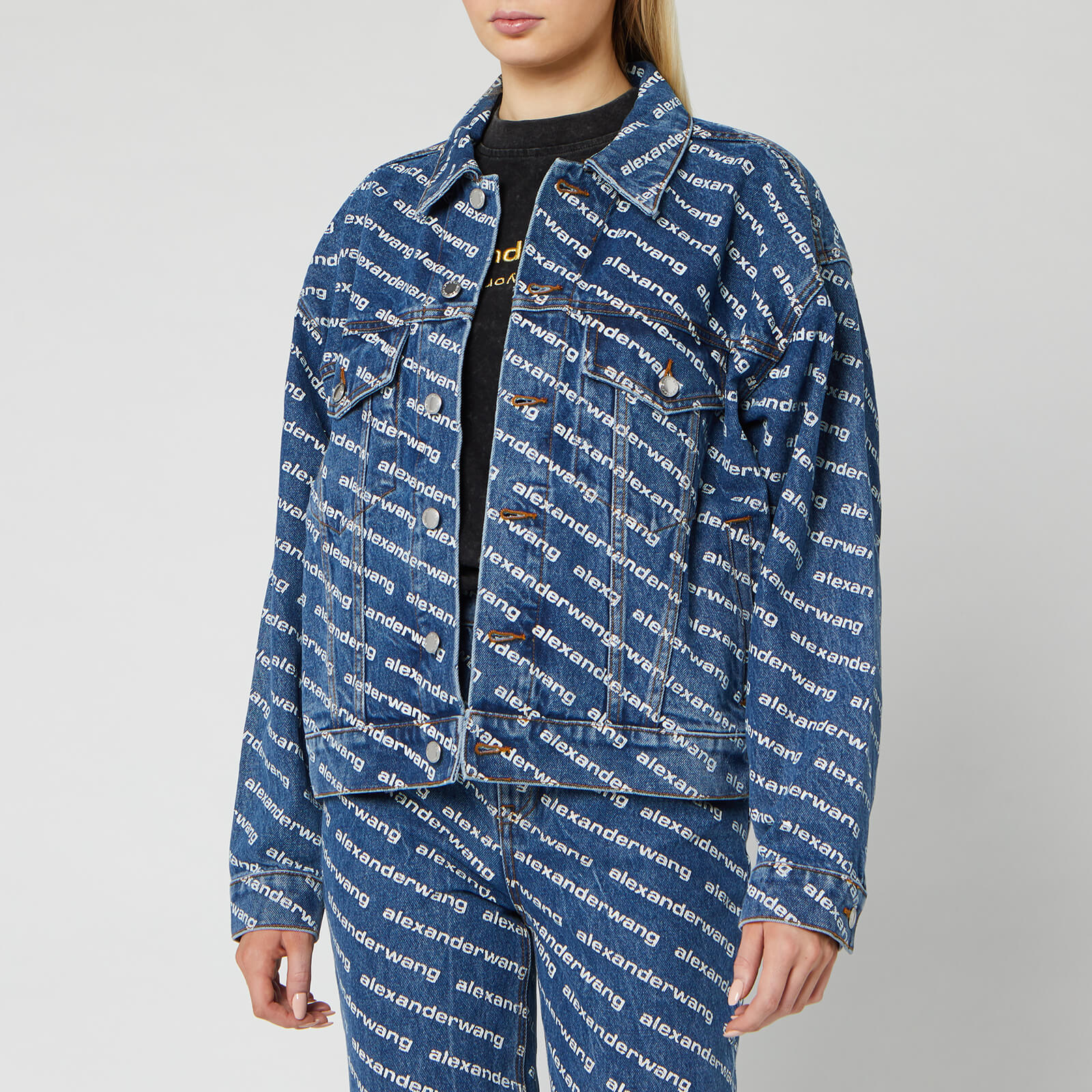 Alexander Wang Women s Game Denim Jacket White Logo Print Blue Coggles